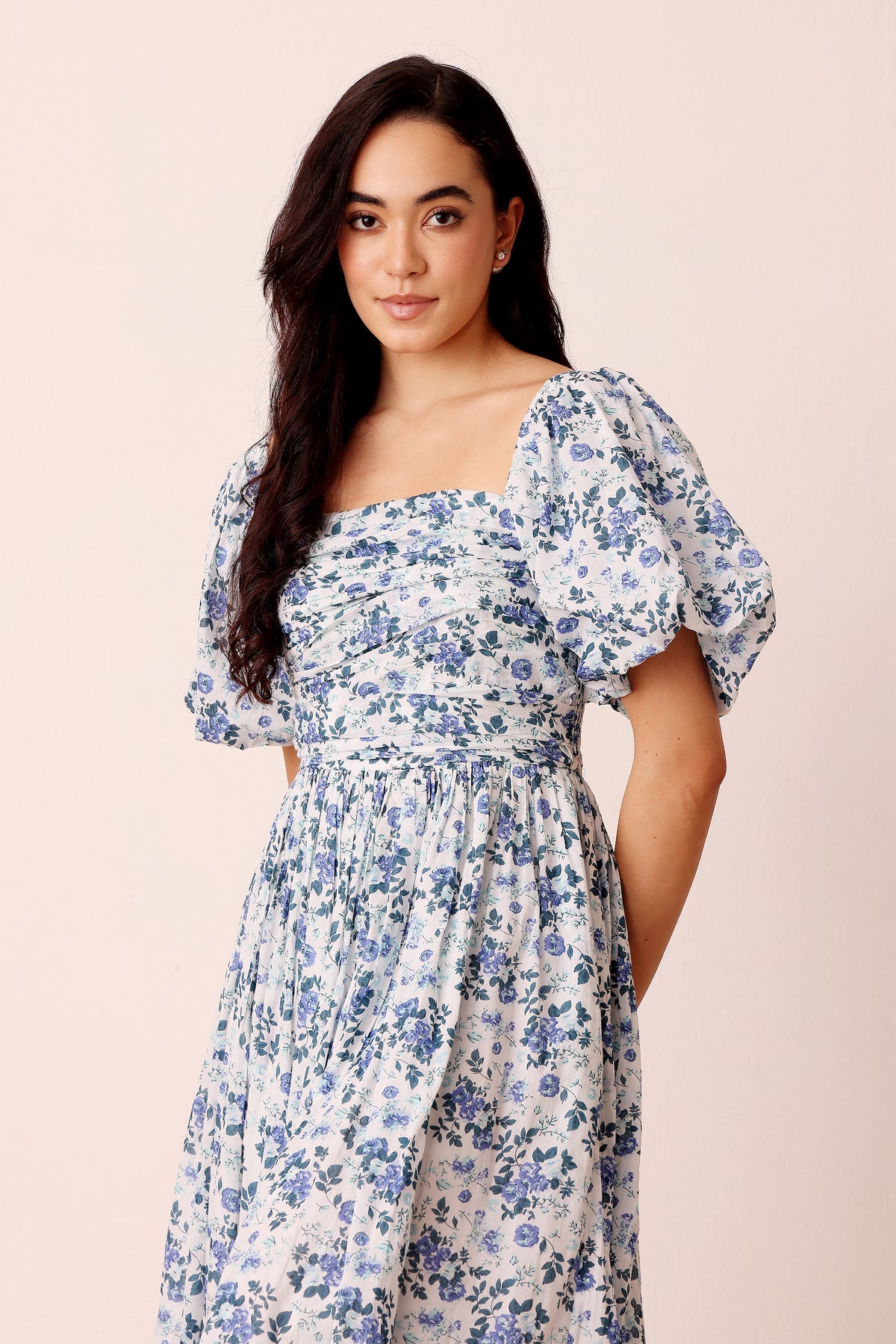 Lana Puff Sleeve Cotton Midi Dress in Blue White Floral