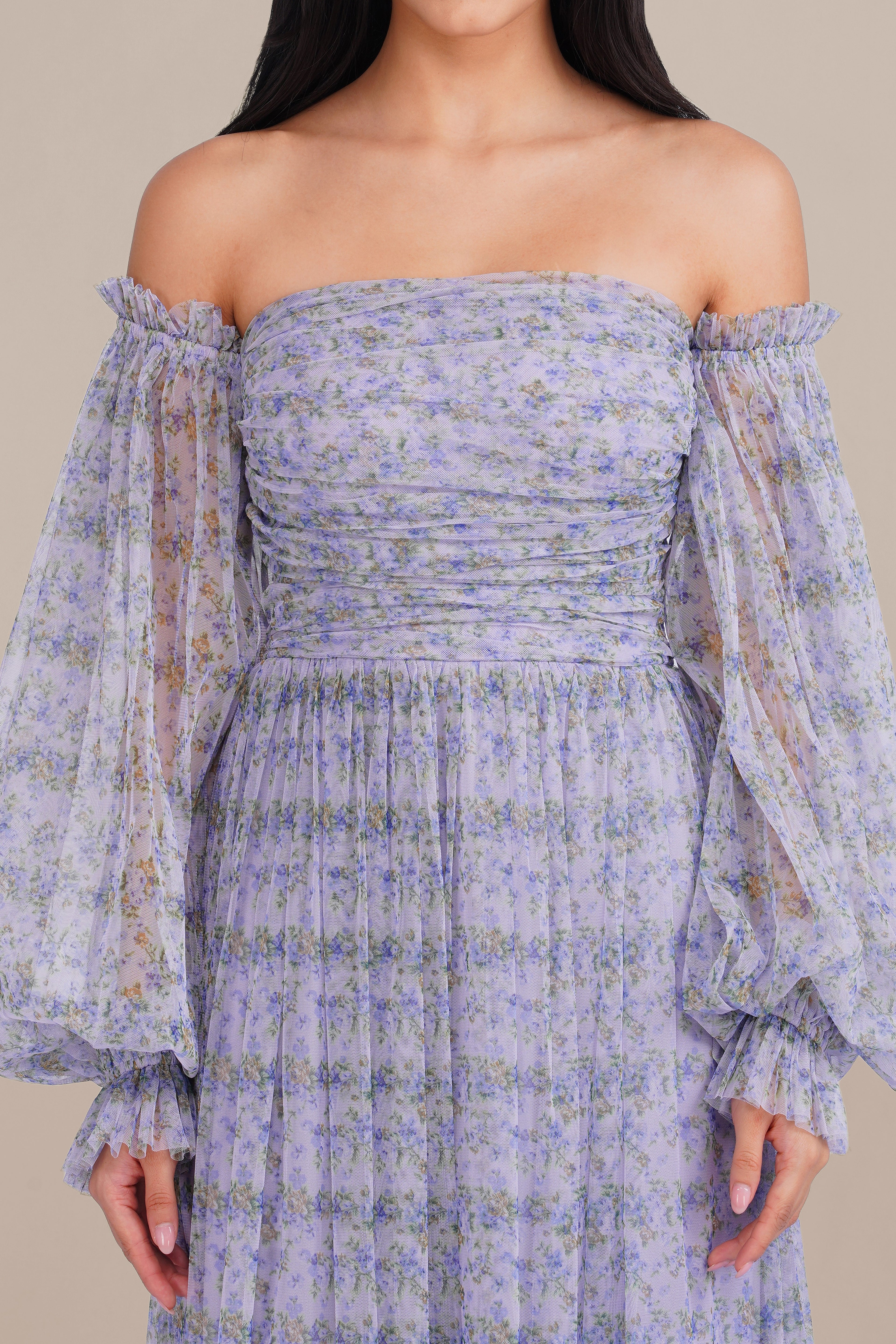 Lana Tulle Maxi Dress in Ditsy Lilac Print