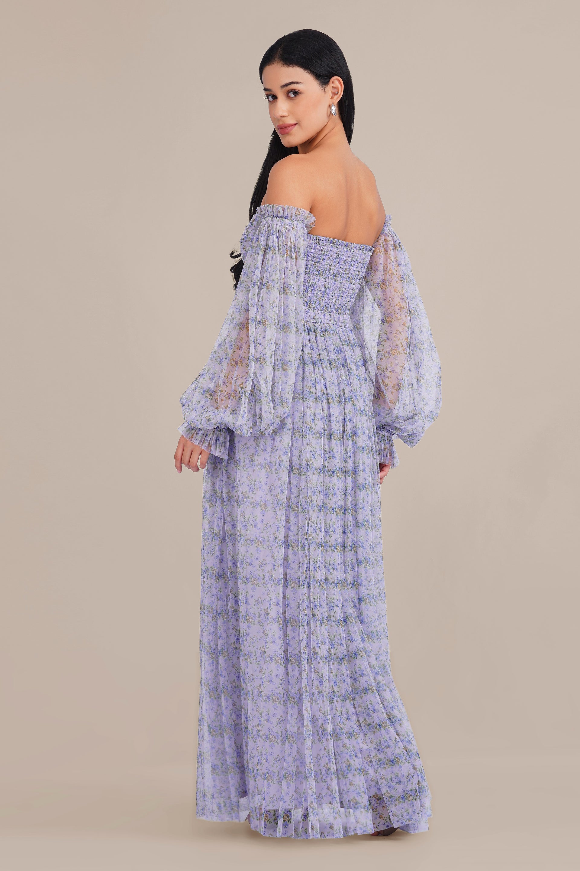 Lana Tulle Maxi Dress in Ditsy Lilac Print