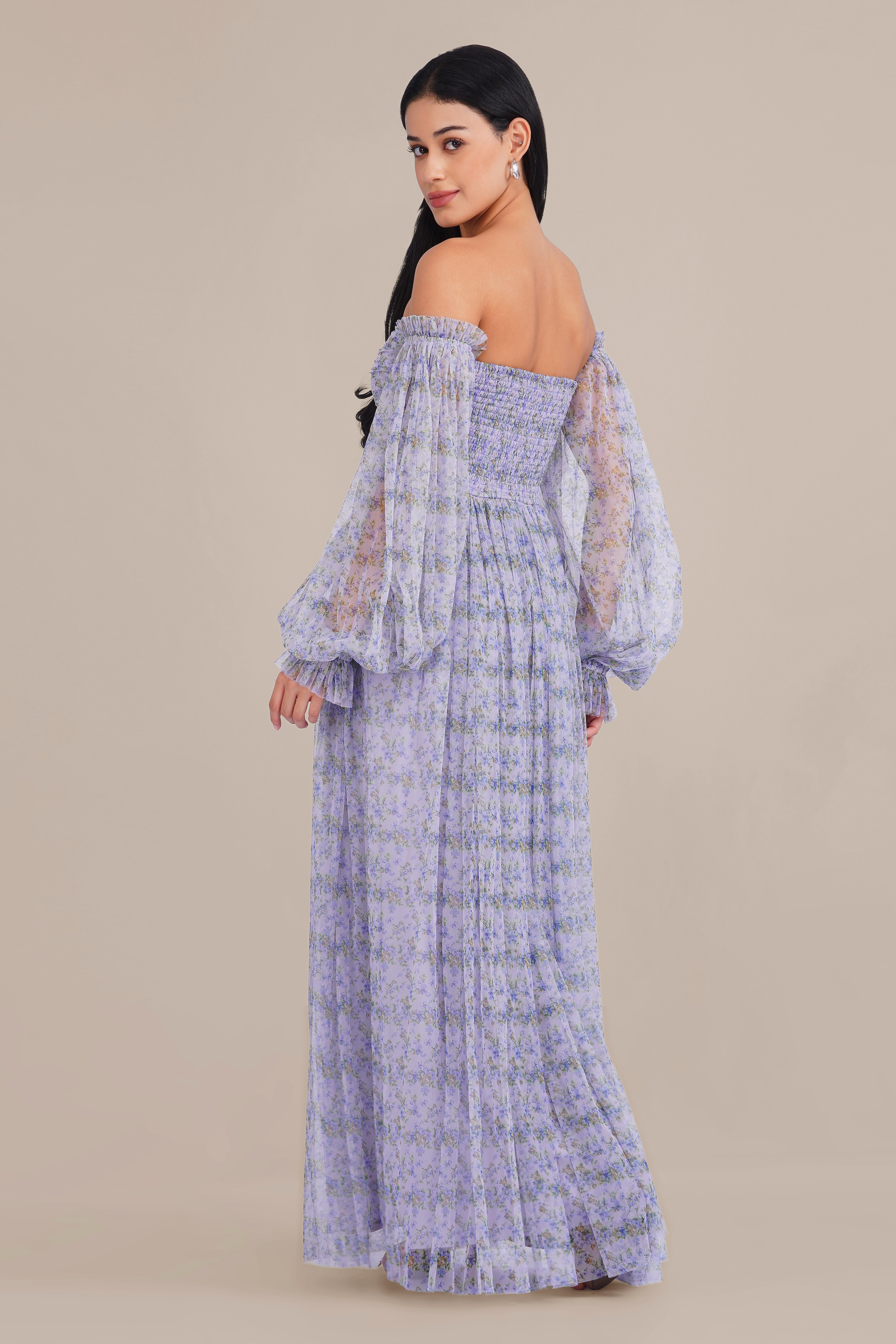 Lana Tulle Maxi Dress in Ditsy Lilac Print
