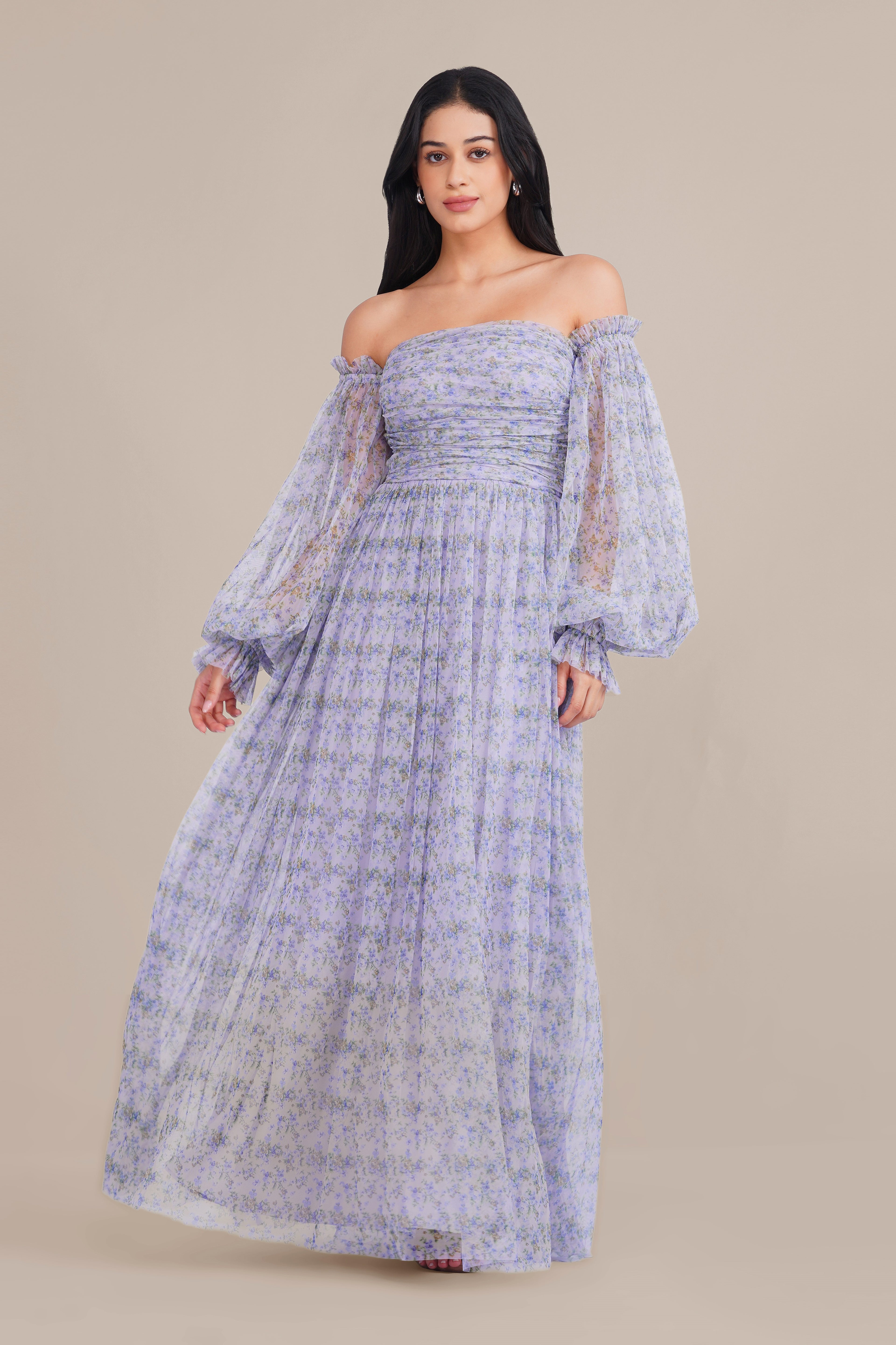 Lana Tulle Maxi Dress in Ditsy Lilac Print