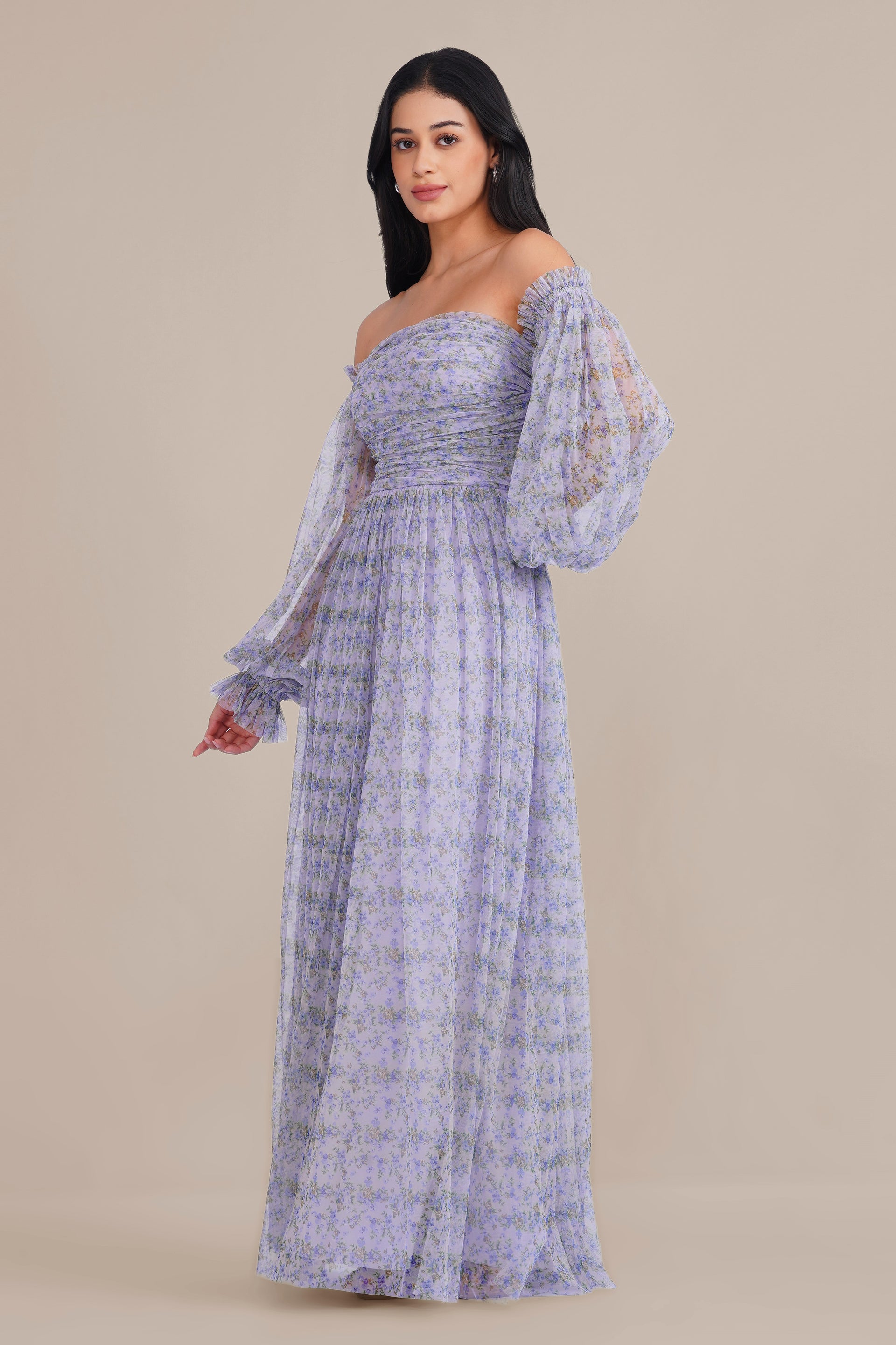 Lana Tulle Maxi Dress in Ditsy Lilac Print