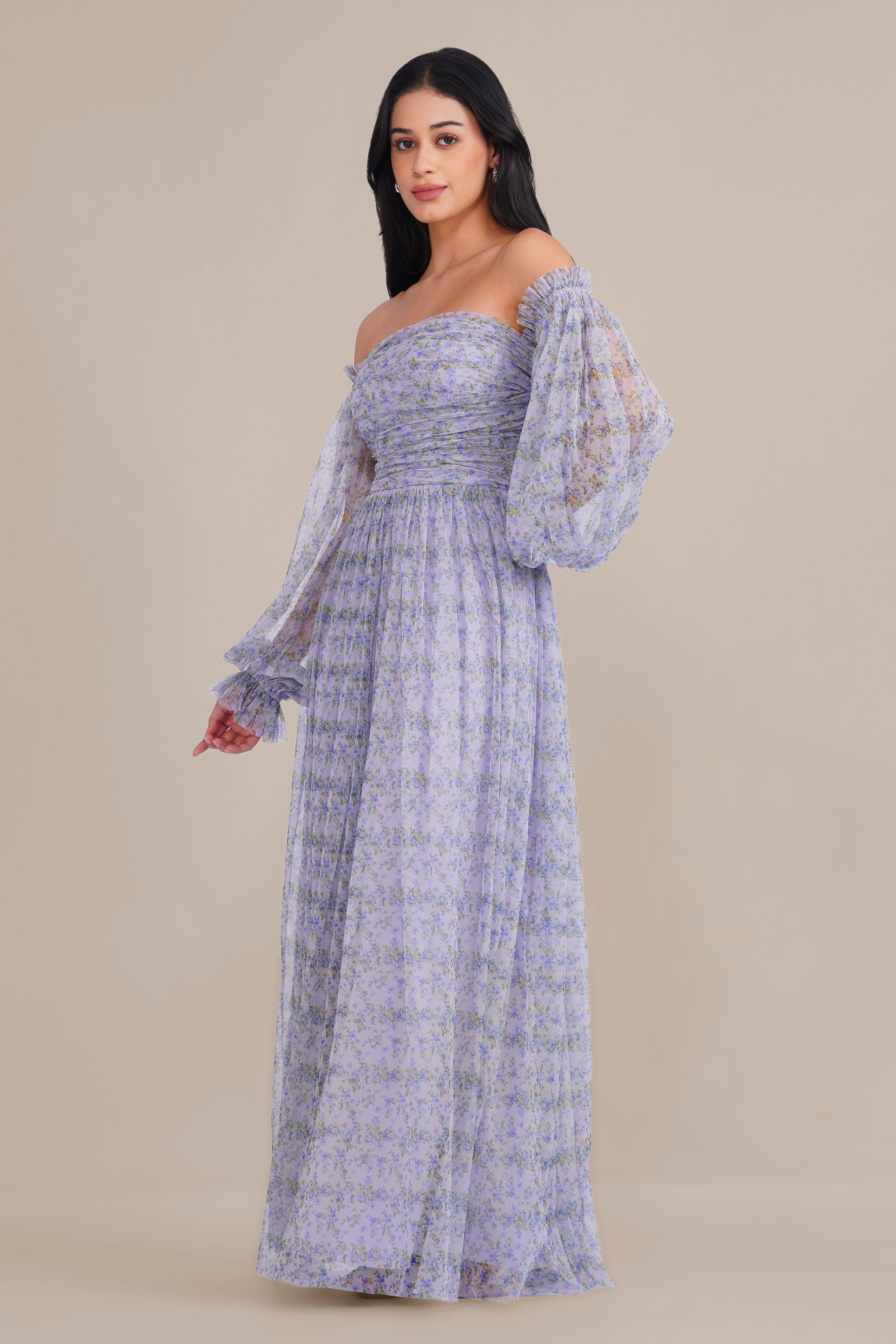 Lana Tulle Maxi Dress in Ditsy Lilac Print