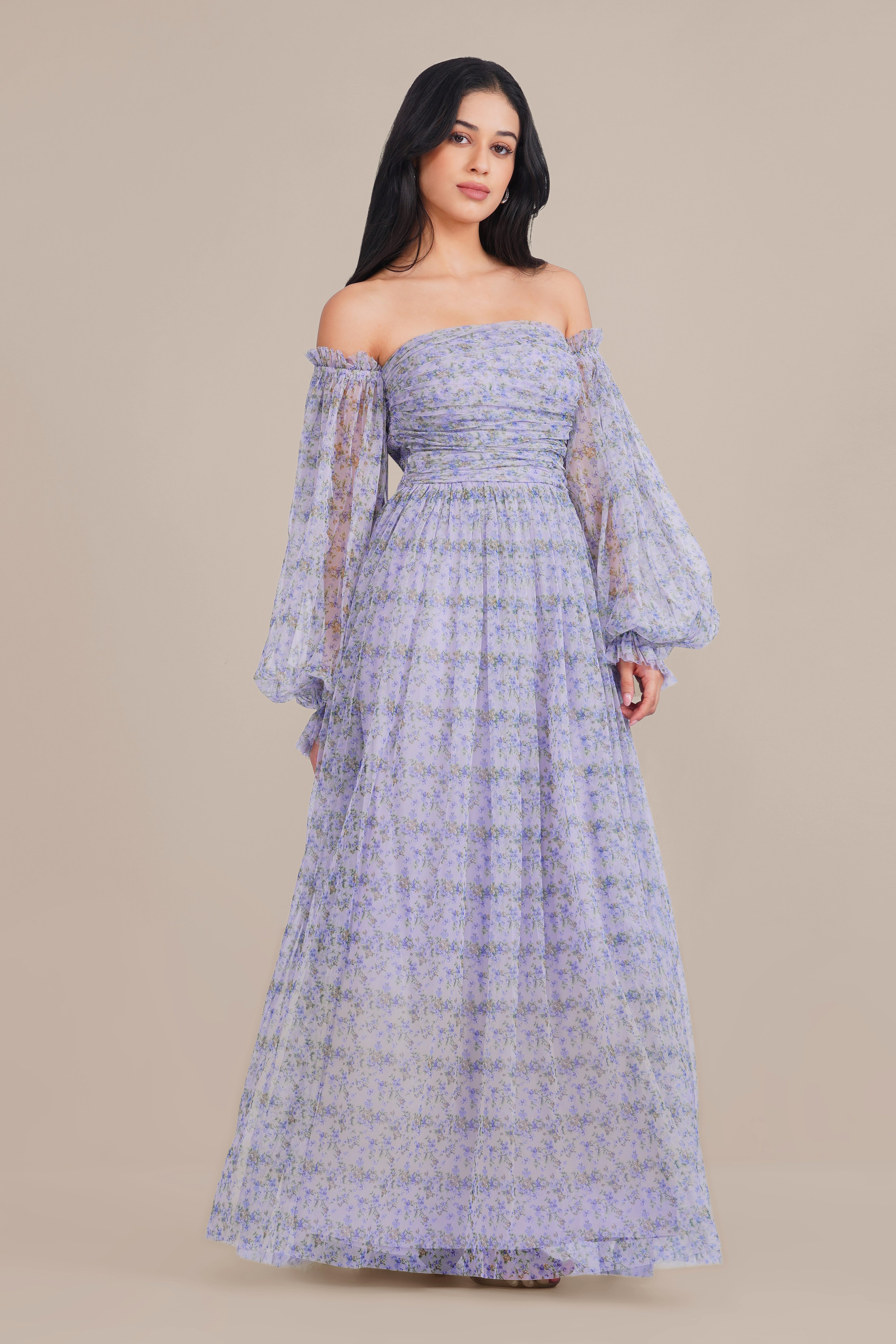 Lana Tulle Maxi Dress in Ditsy Lilac Print