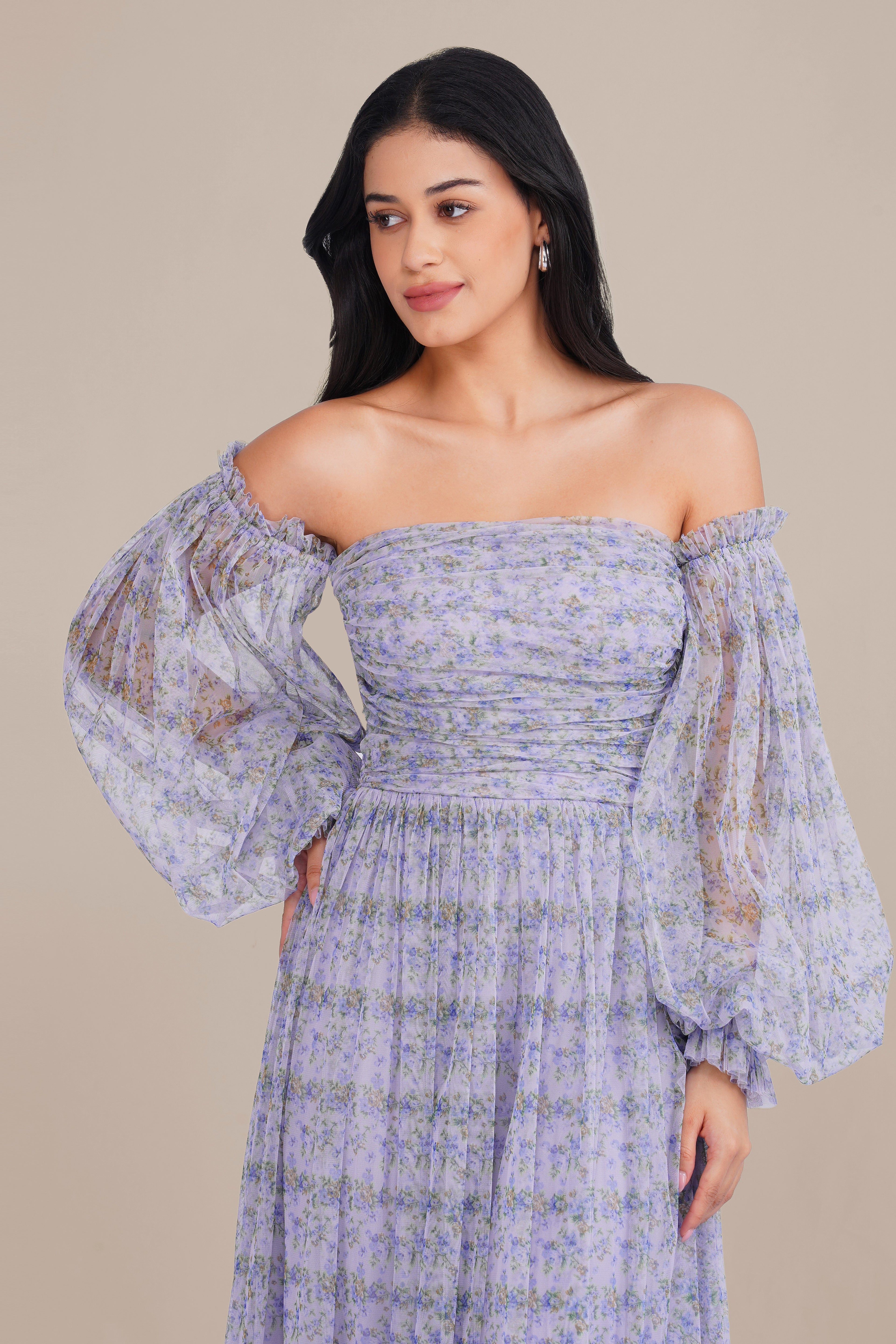 Lana Tulle Maxi Dress in Ditsy Lilac Print
