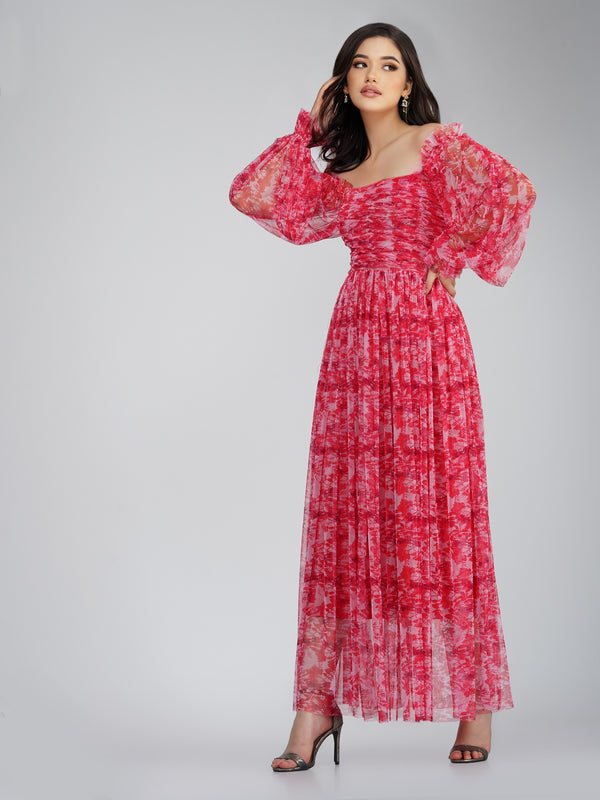 Lana Red Printed Tulle Dress