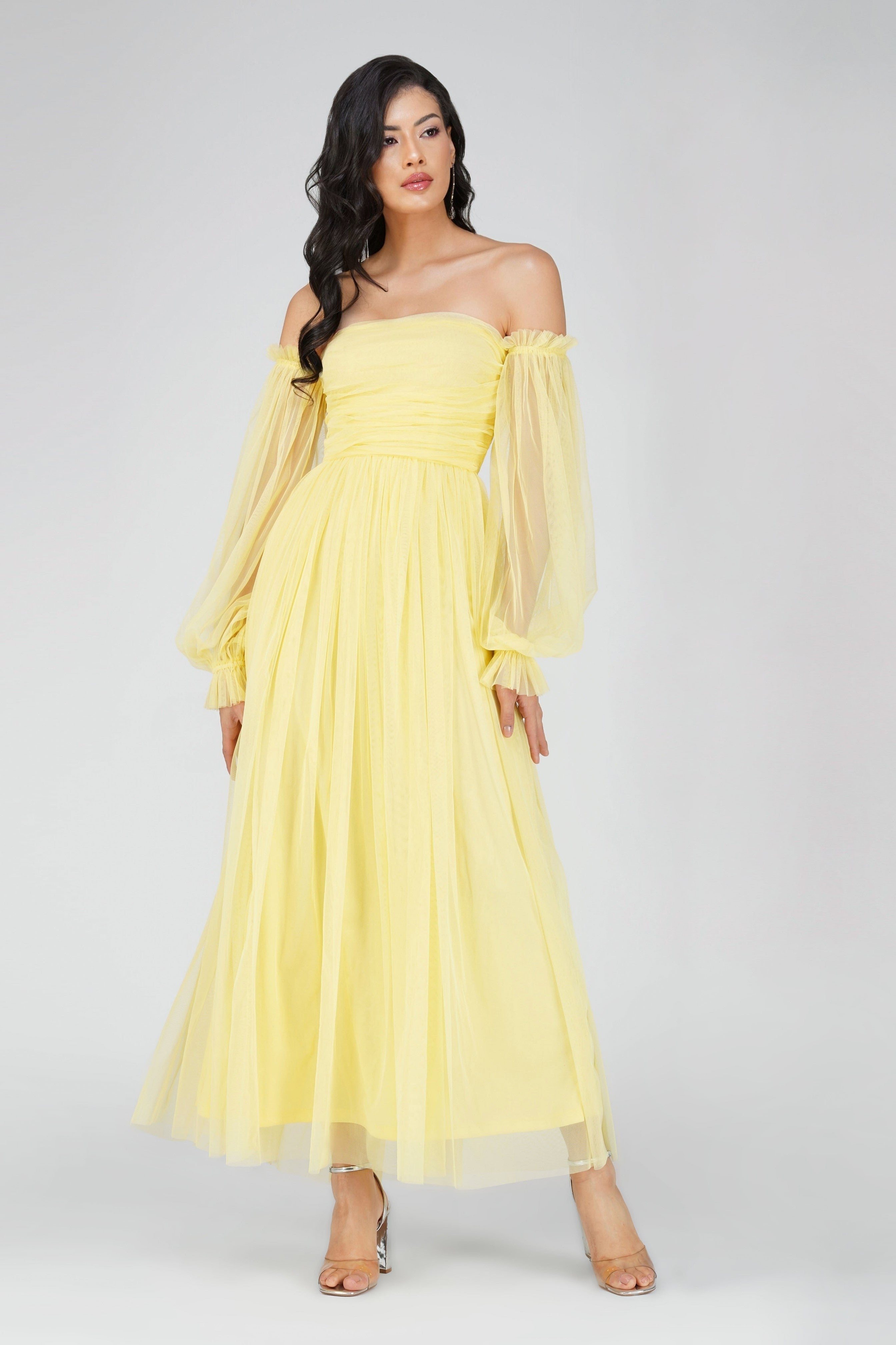lemon yellow color dresses Zapaka Women Simple Wedding Party Guest Dress with Ruffles A Line Pleated Maxi Bridesmaid Dress, Lemon Yellow / US22W The fabric is comfortable for skin Long Prom Dress with Pockets