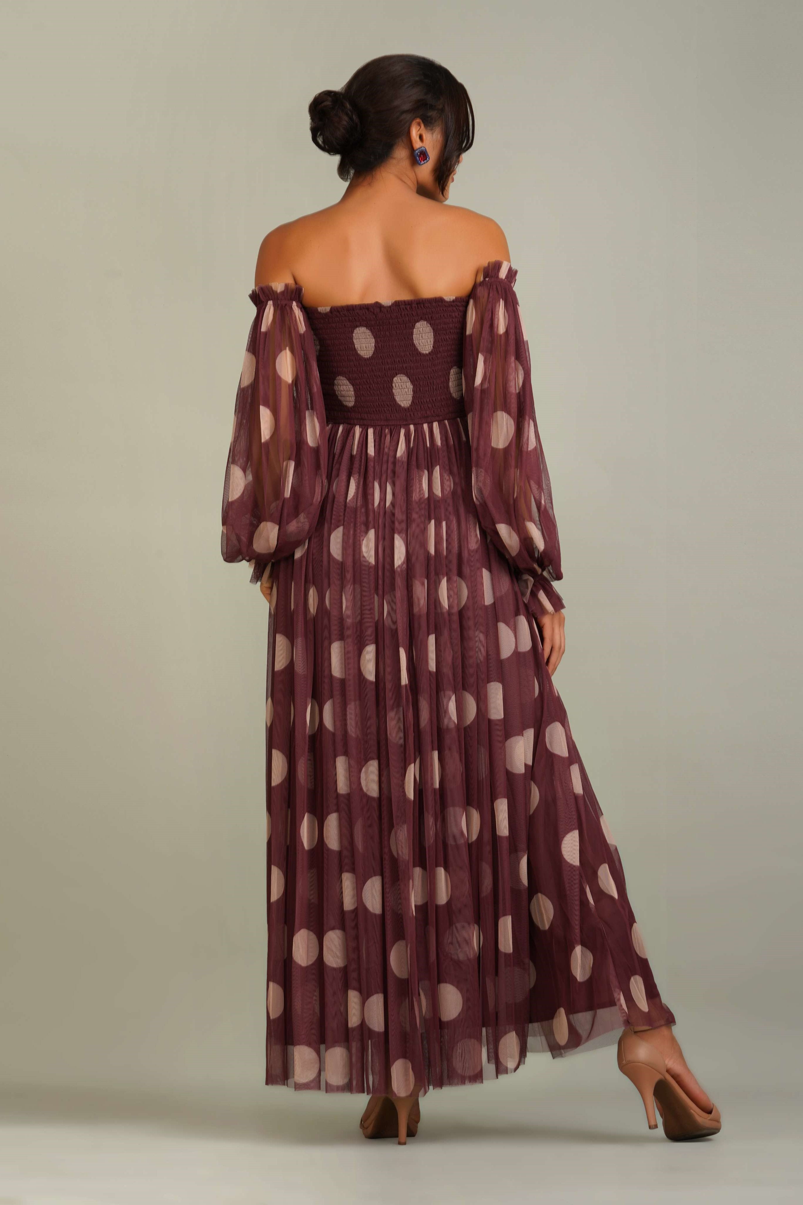 Lana Maxi Dress in Mahogany Brown and Beige Polka Dot
