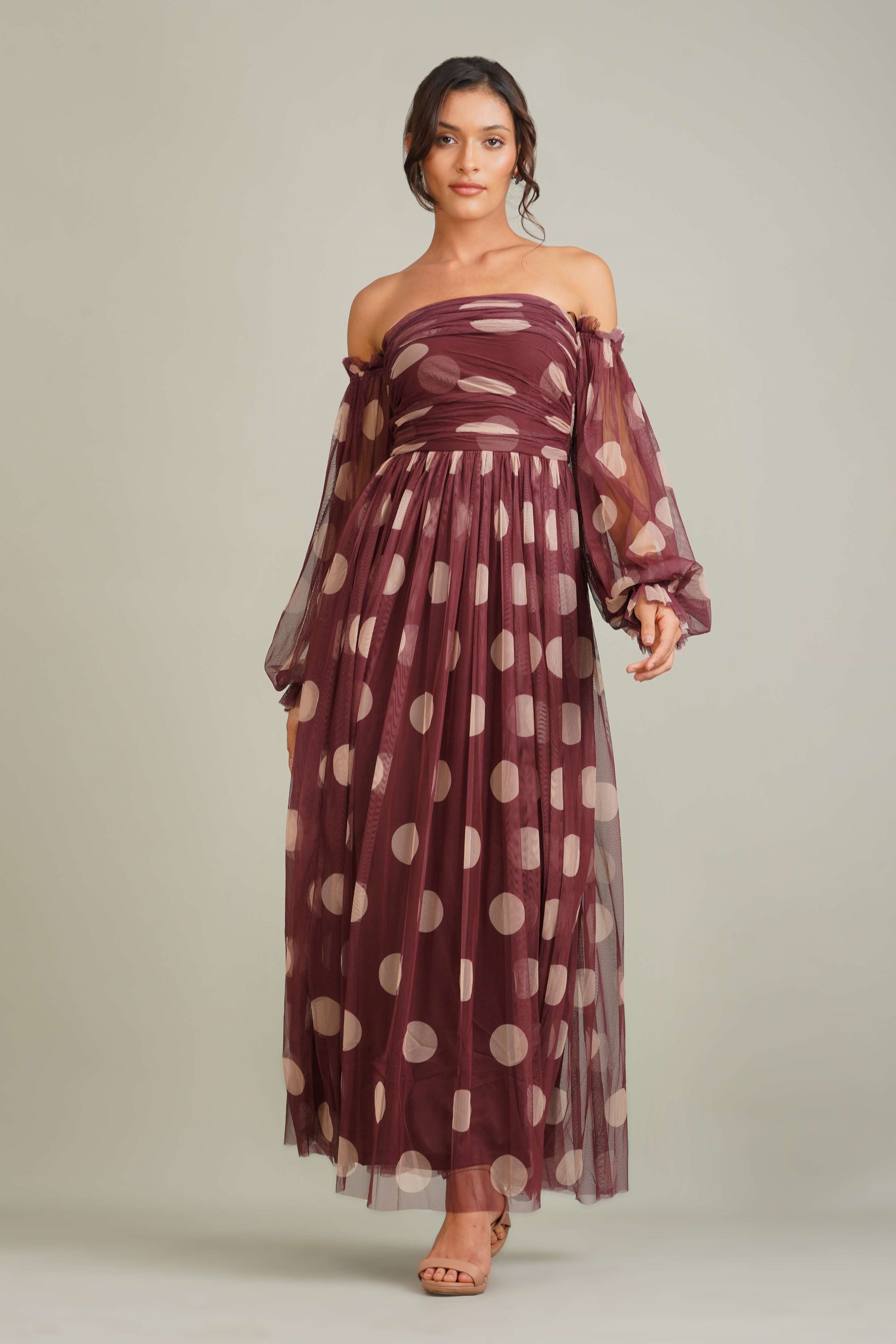Off shoulder billowing long sleeves a-line rouched bodice a-line tulle mesh maxi dress brown beige polka dot