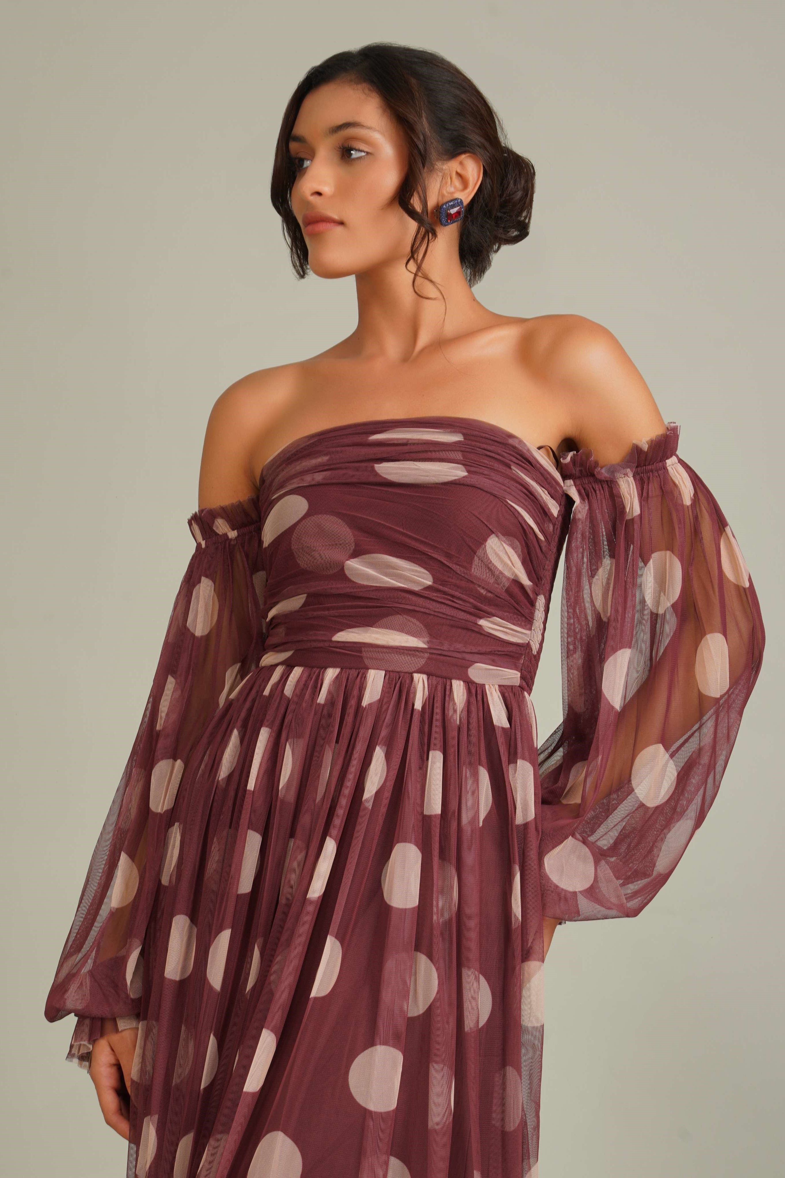 Lana Maxi Dress in Mahogany Brown and Beige Polka Dot