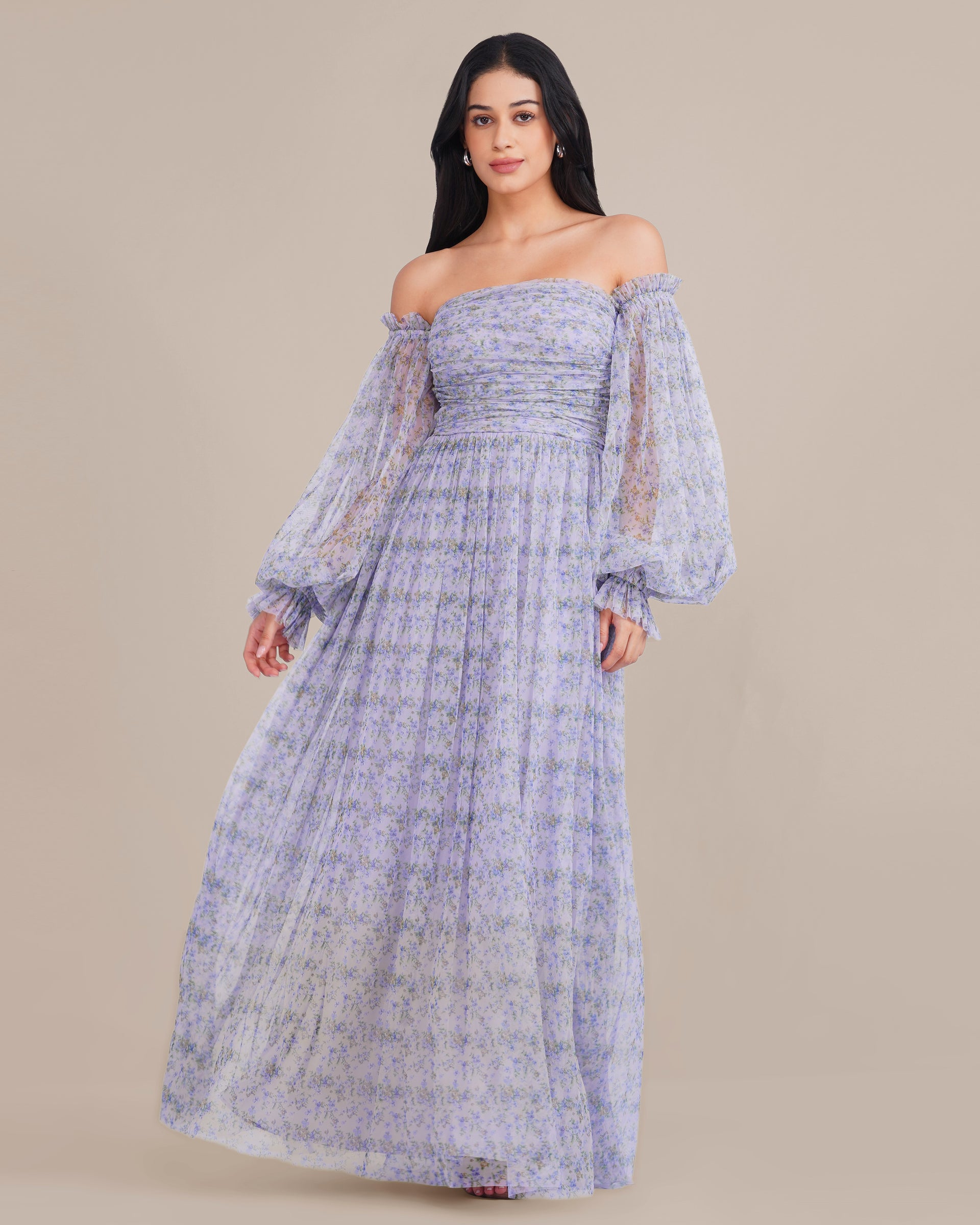 Lana Tulle Maxi Dress in Ditsy Lilac Print