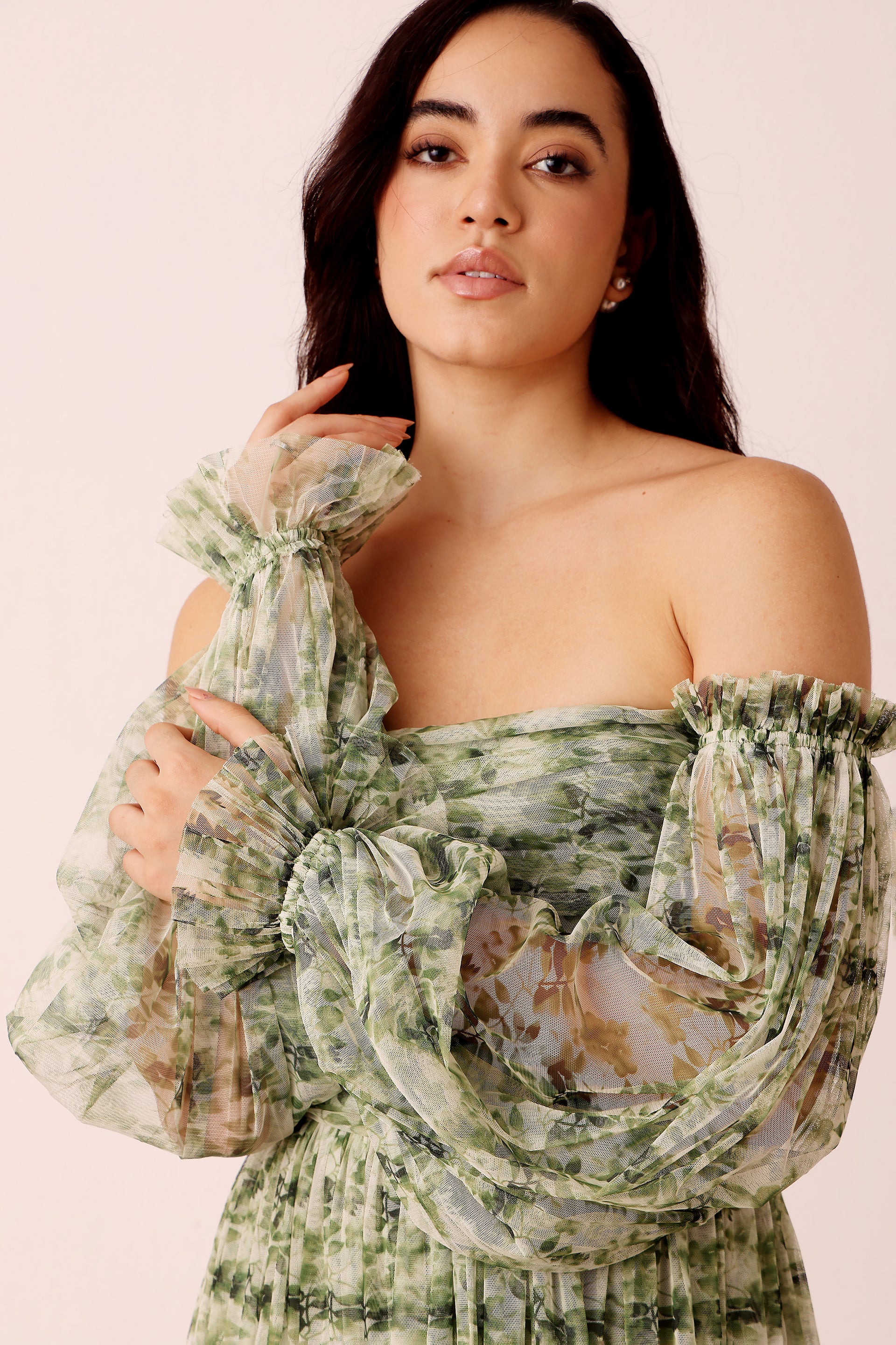 Lana Green Floral Printed Tulle Dress