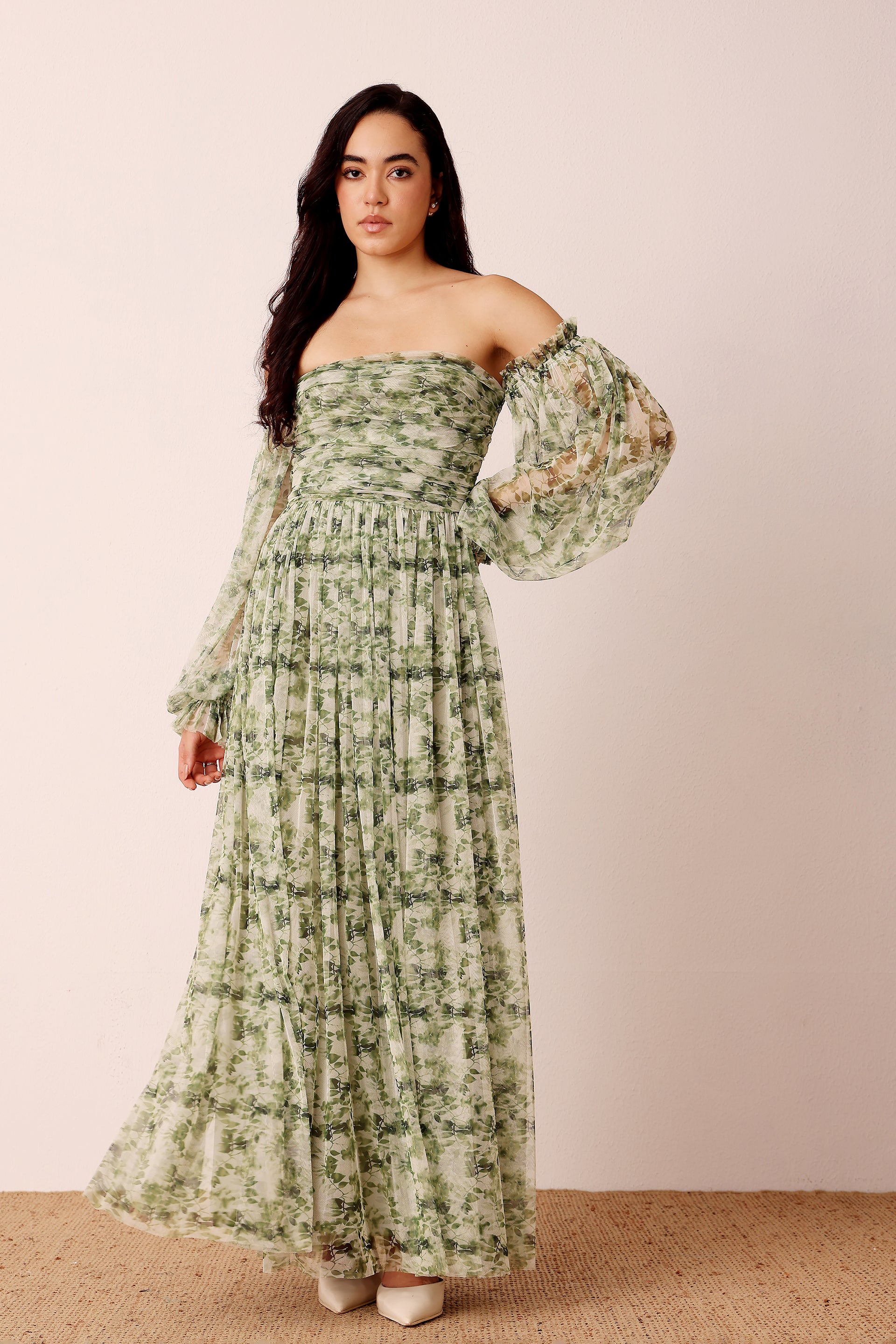 Lana Green Floral Printed Tulle Dress