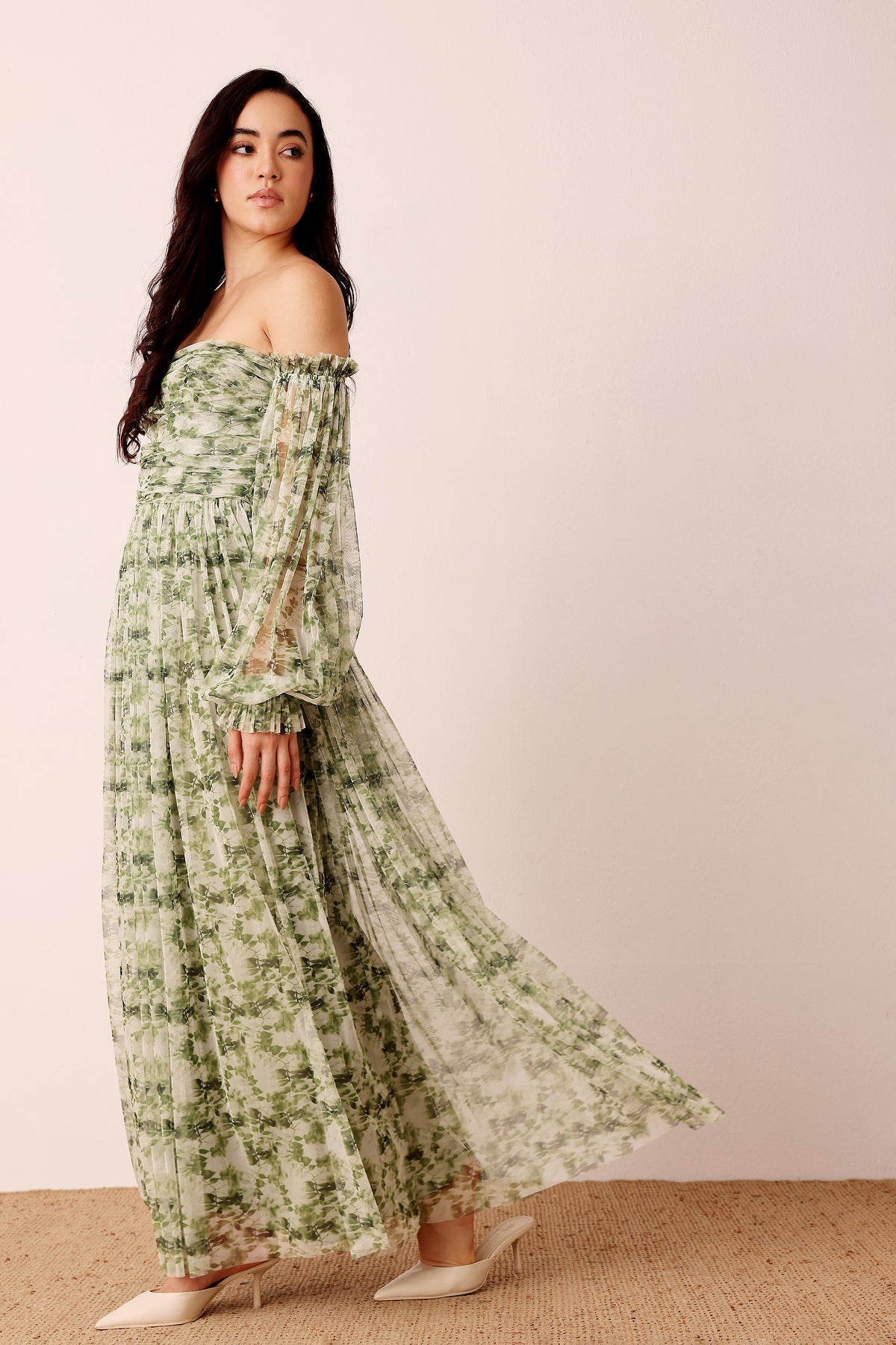 Lana Green Floral Printed Tulle Dress