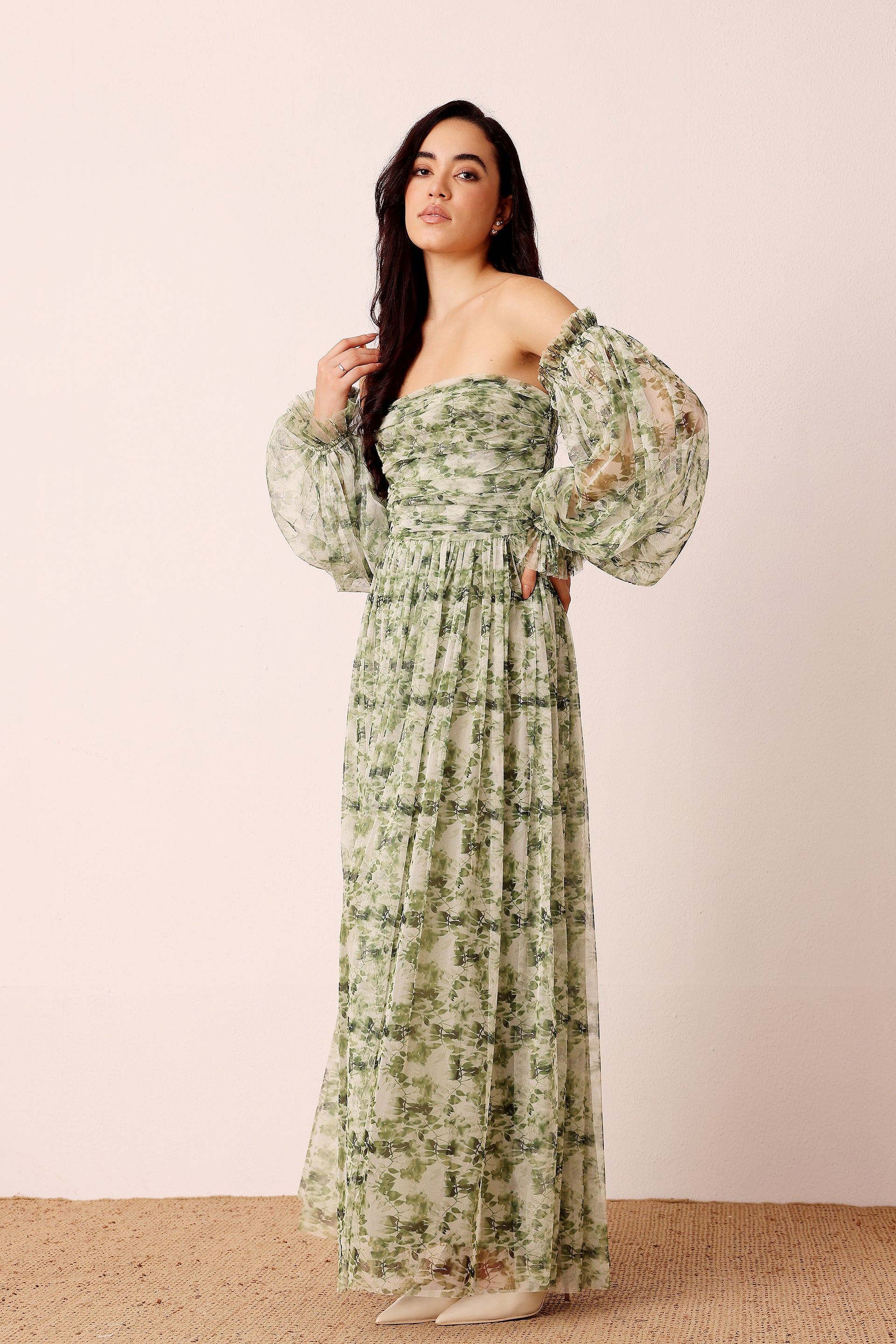 Lana Green Floral Printed Tulle Dress