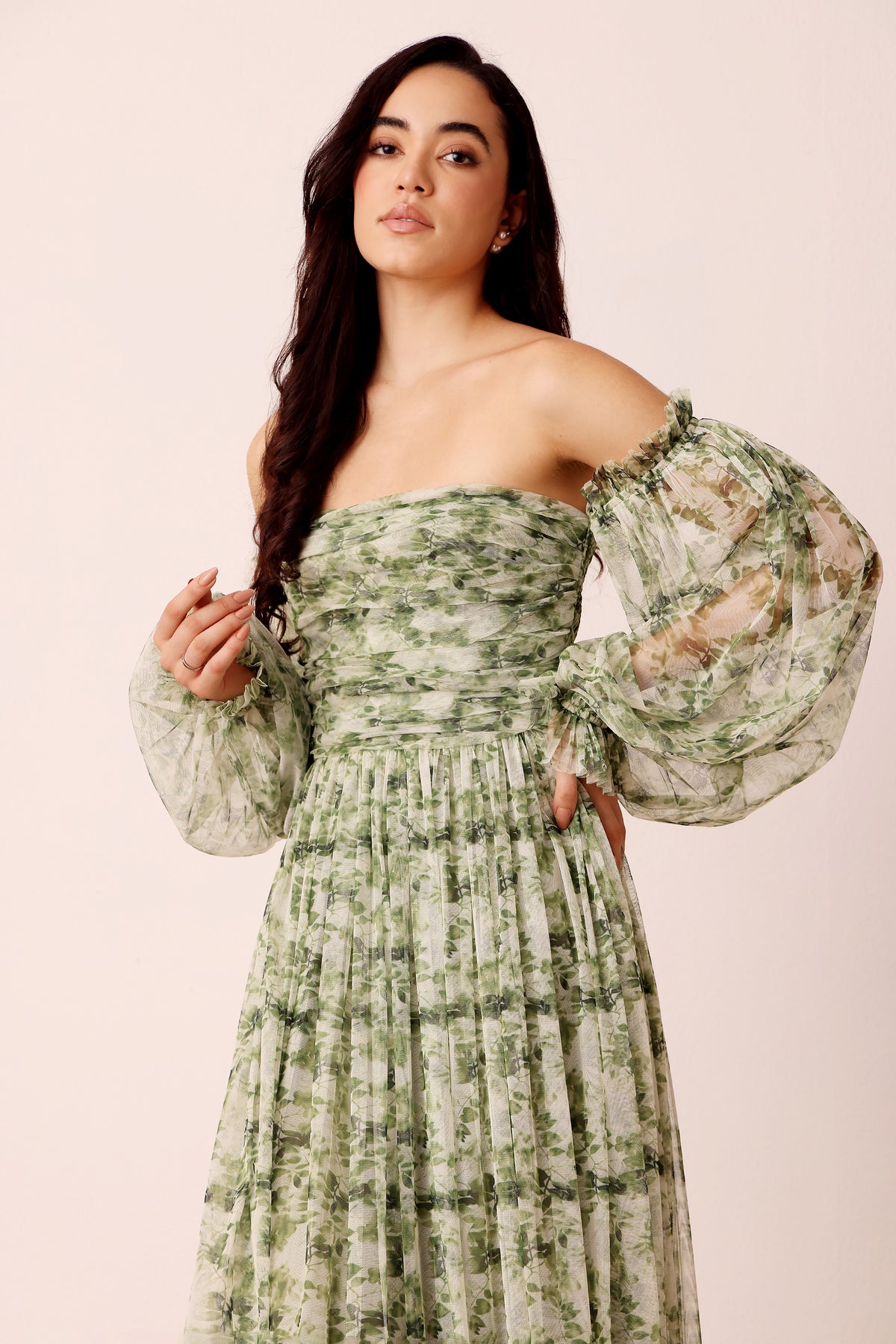 Lana Green Floral Printed Tulle Dress