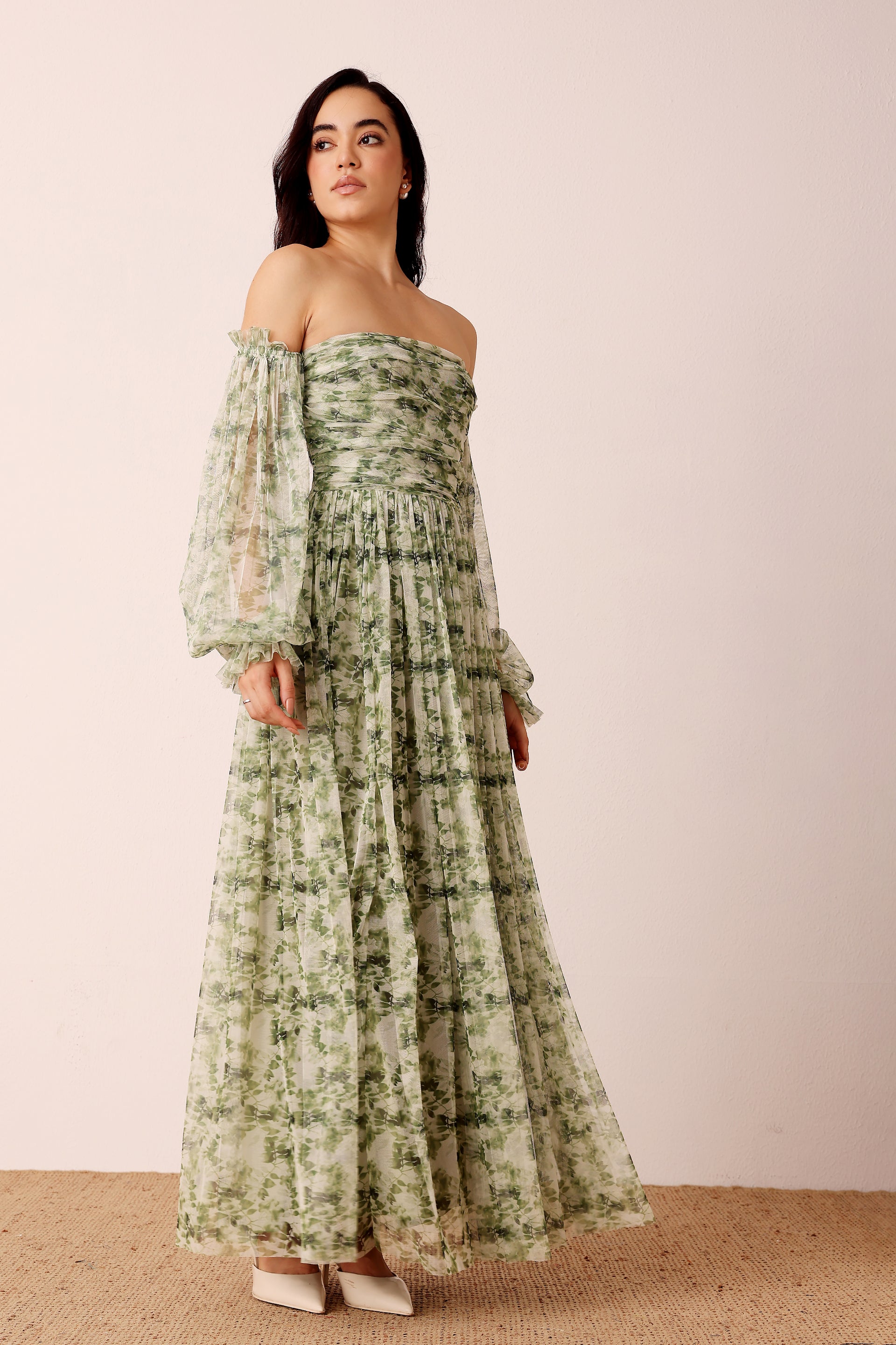 Lana Green Floral Printed Tulle Dress
