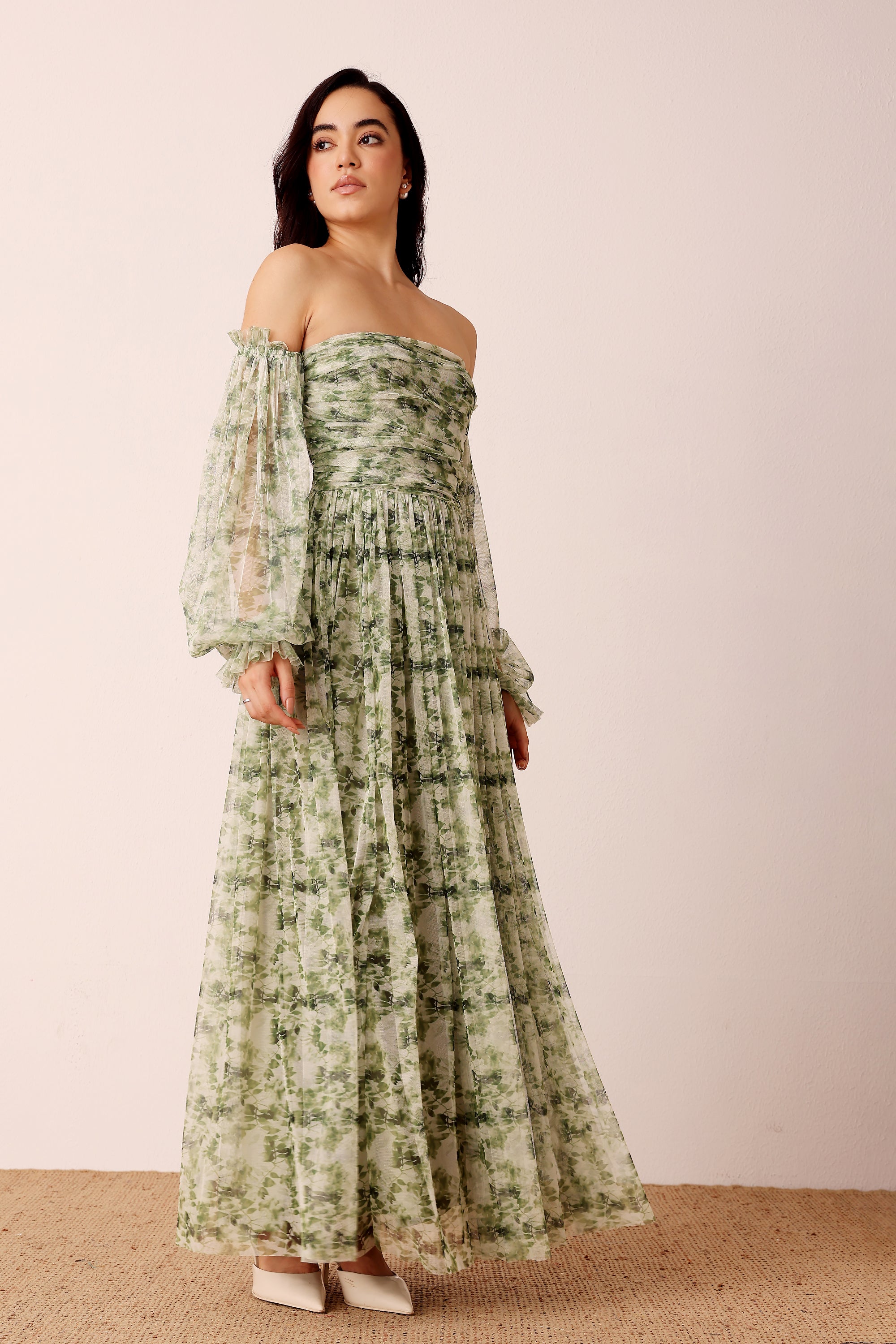 Lana Green Floral Printed Tulle Dress