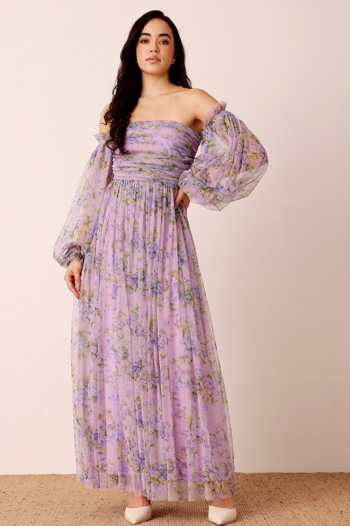 Munez Long Sleeve Maxi Dress in Mixed Floral – Lace & Beads