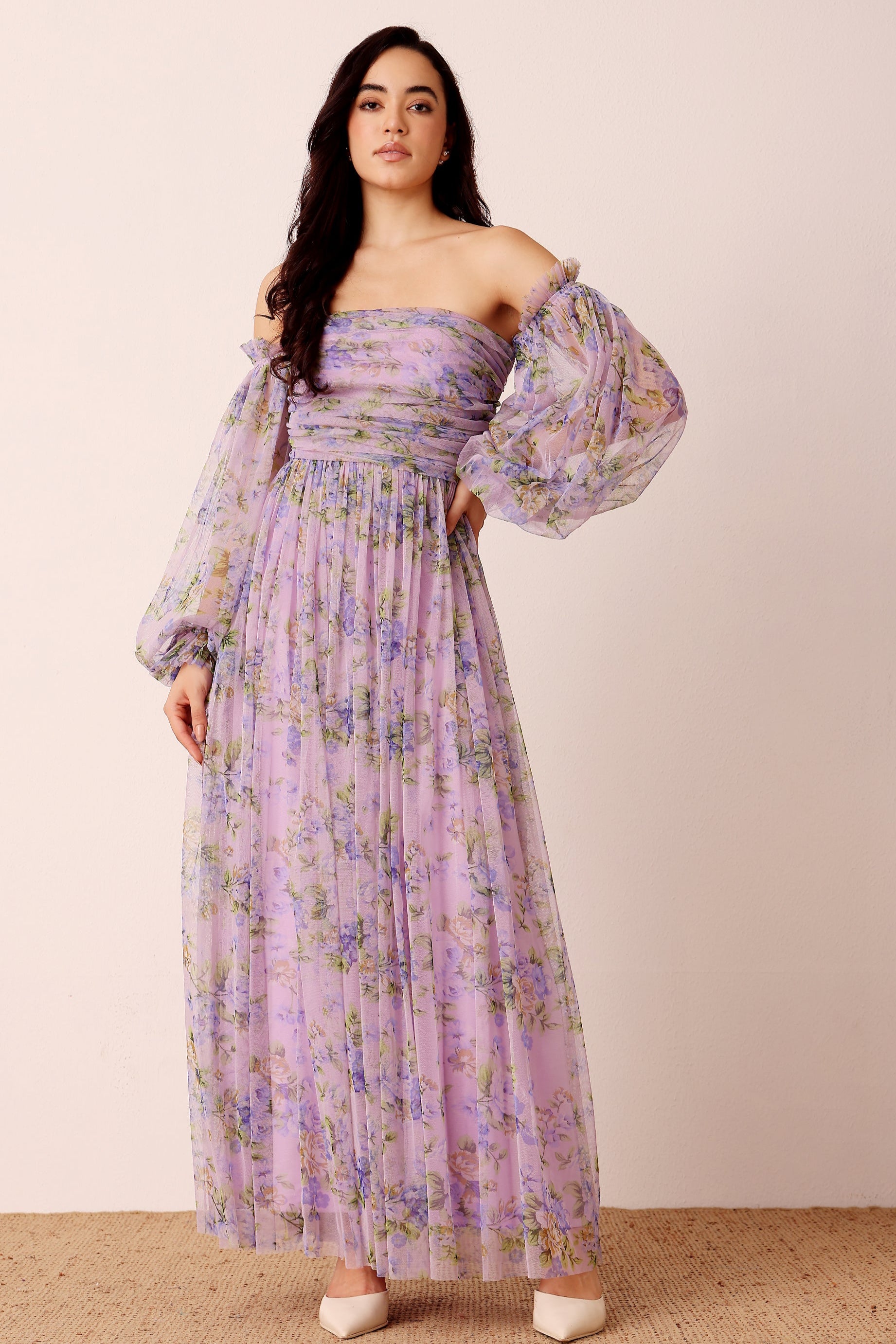 Lilac Floral Print Off Shoulder Tulle Long Sleeve a-line maxi dress