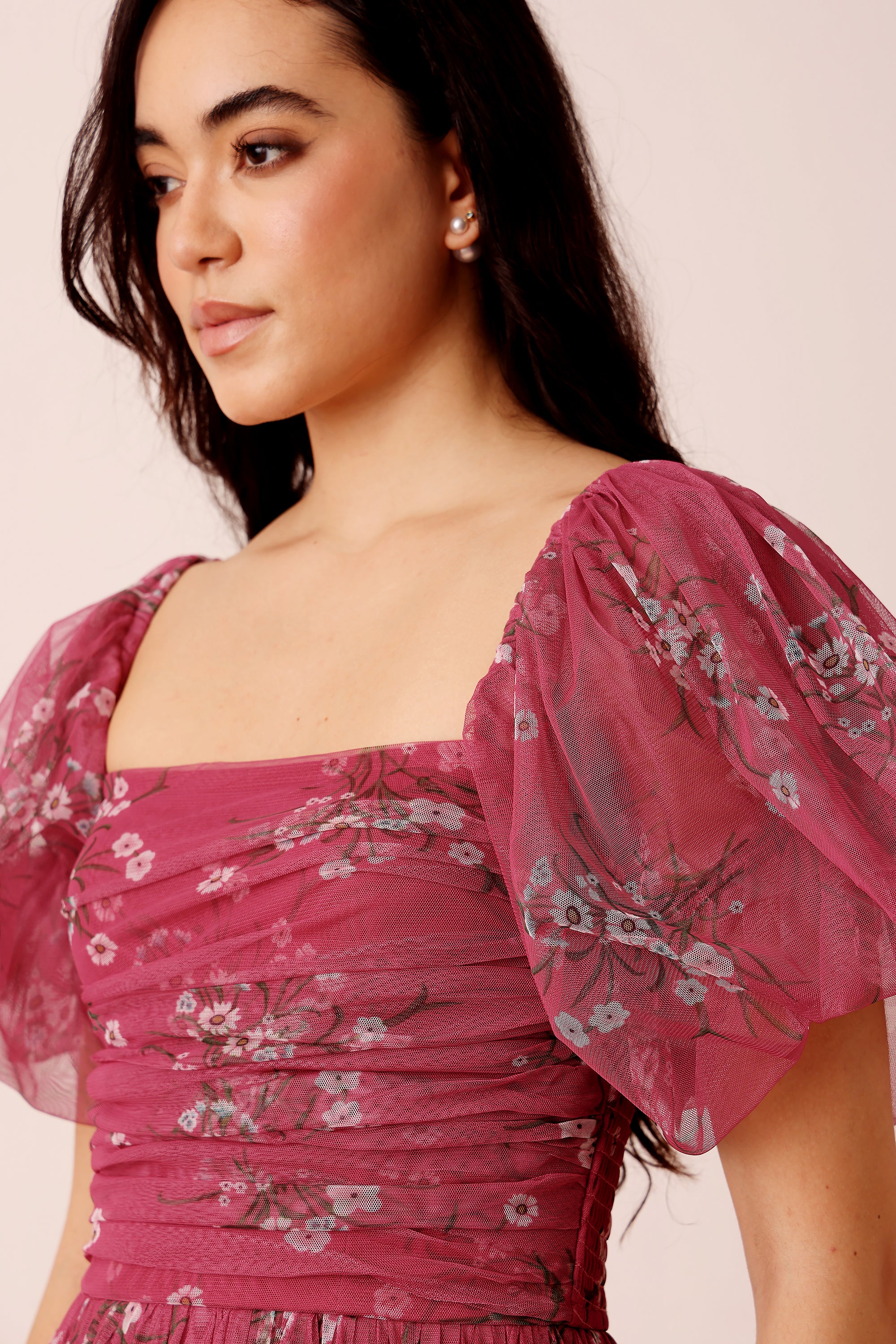 Lana Puff Sleeve Tulle Maxi Dress in Orchid Floral