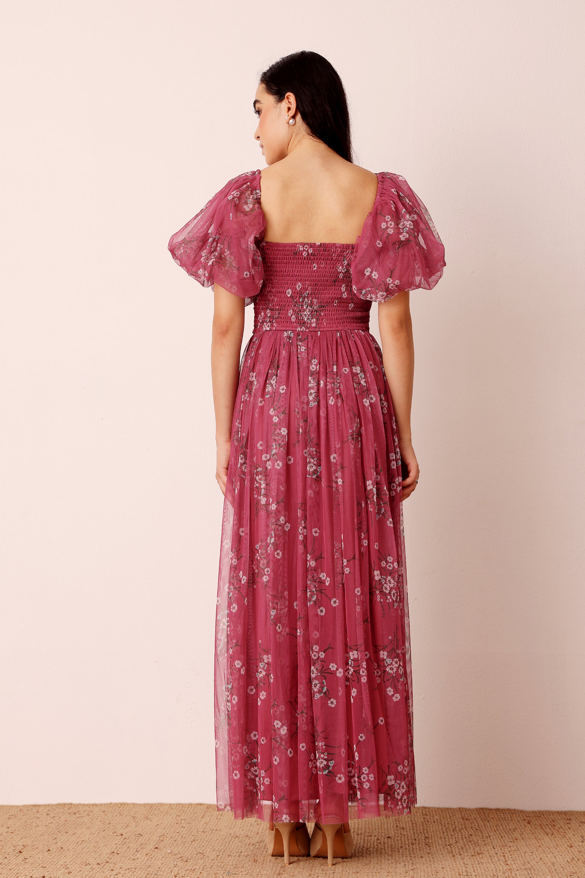 Lana Puff Sleeve Tulle Maxi Dress in Orchid Floral