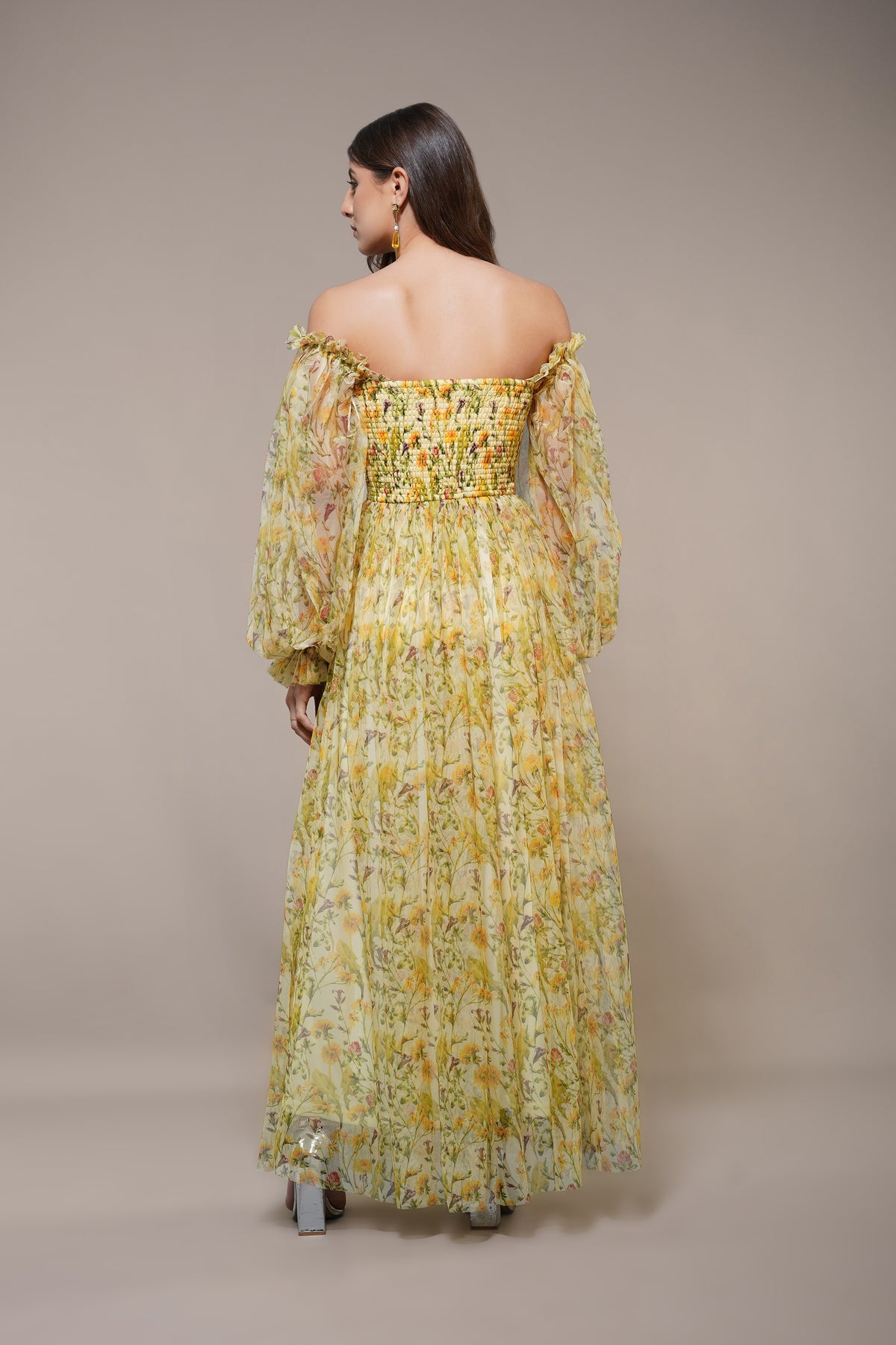 Lana Yellow Printed Tulle Maxi Dress
