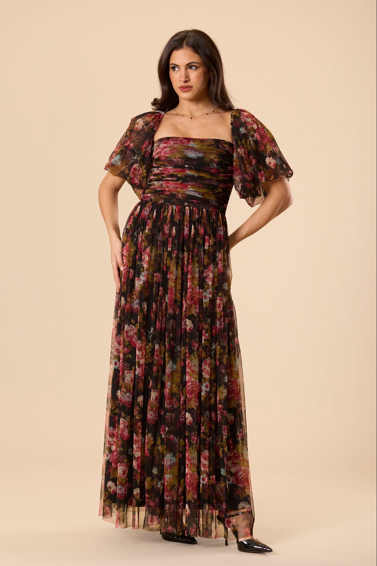 Lana Puff Sleeve Tulle Maxi Dress in Black Floral