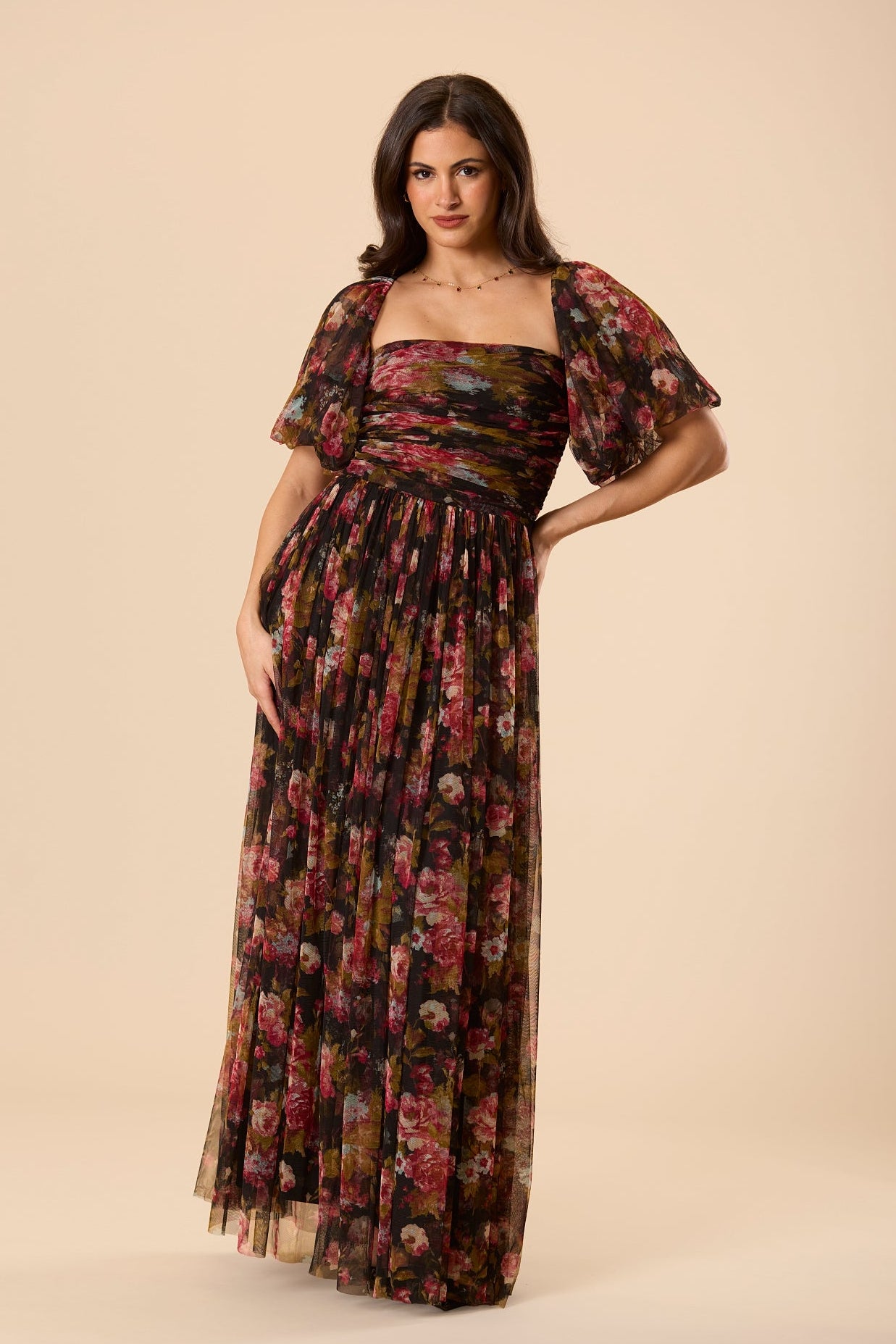 Puff Sleeve Square Neck Smocked Back Black Floral Tulle Mesh Maxi Dress