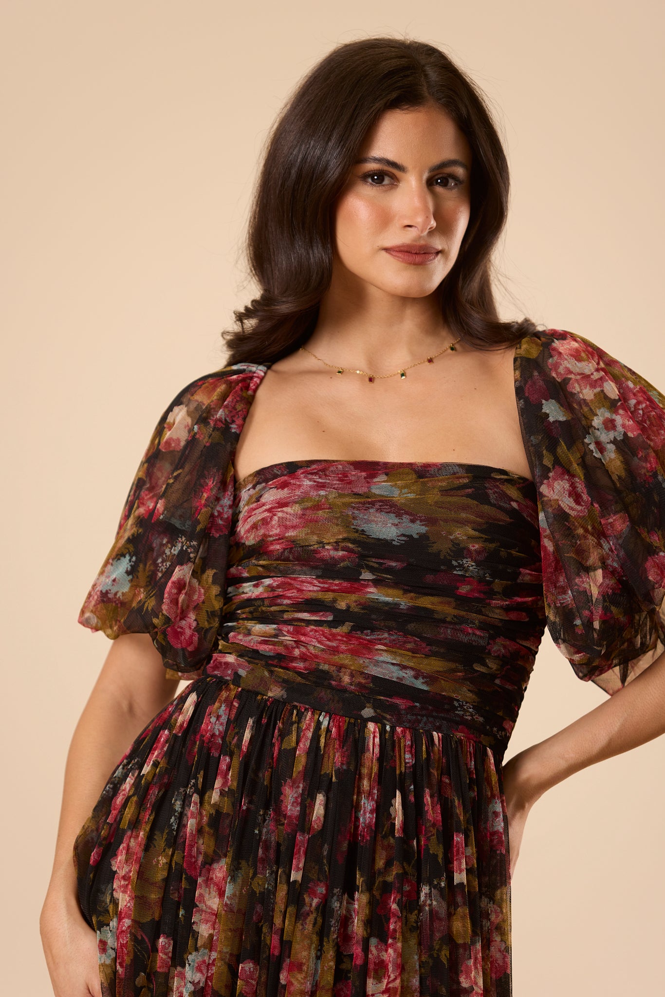Lana Puff Sleeve Tulle Maxi Dress in Black Floral