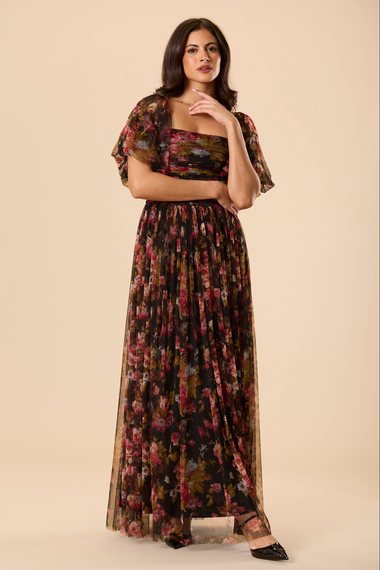 Lana Puff Sleeve Tulle Maxi Dress in Black Floral