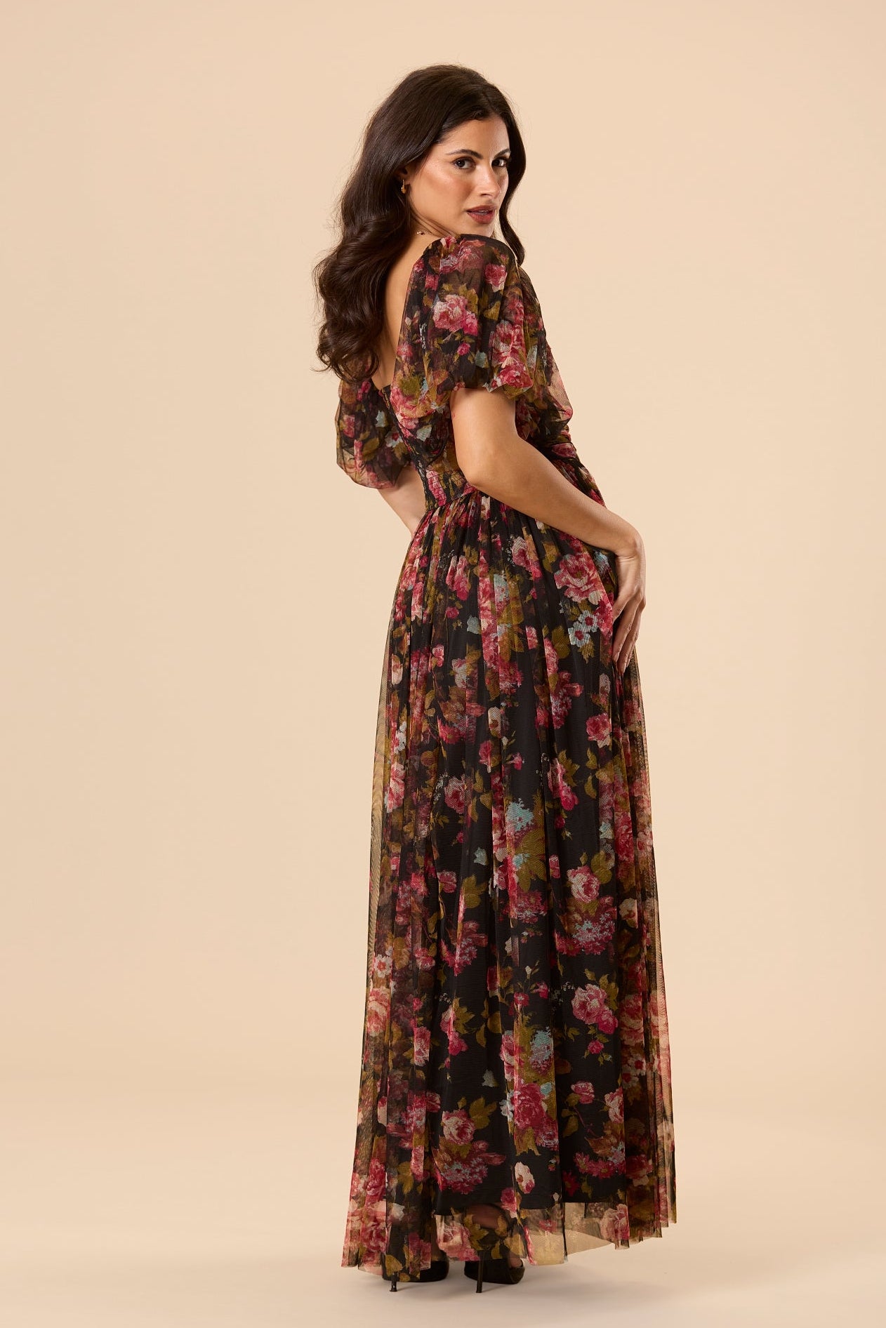 Lana Puff Sleeve Tulle Maxi Dress in Black Floral