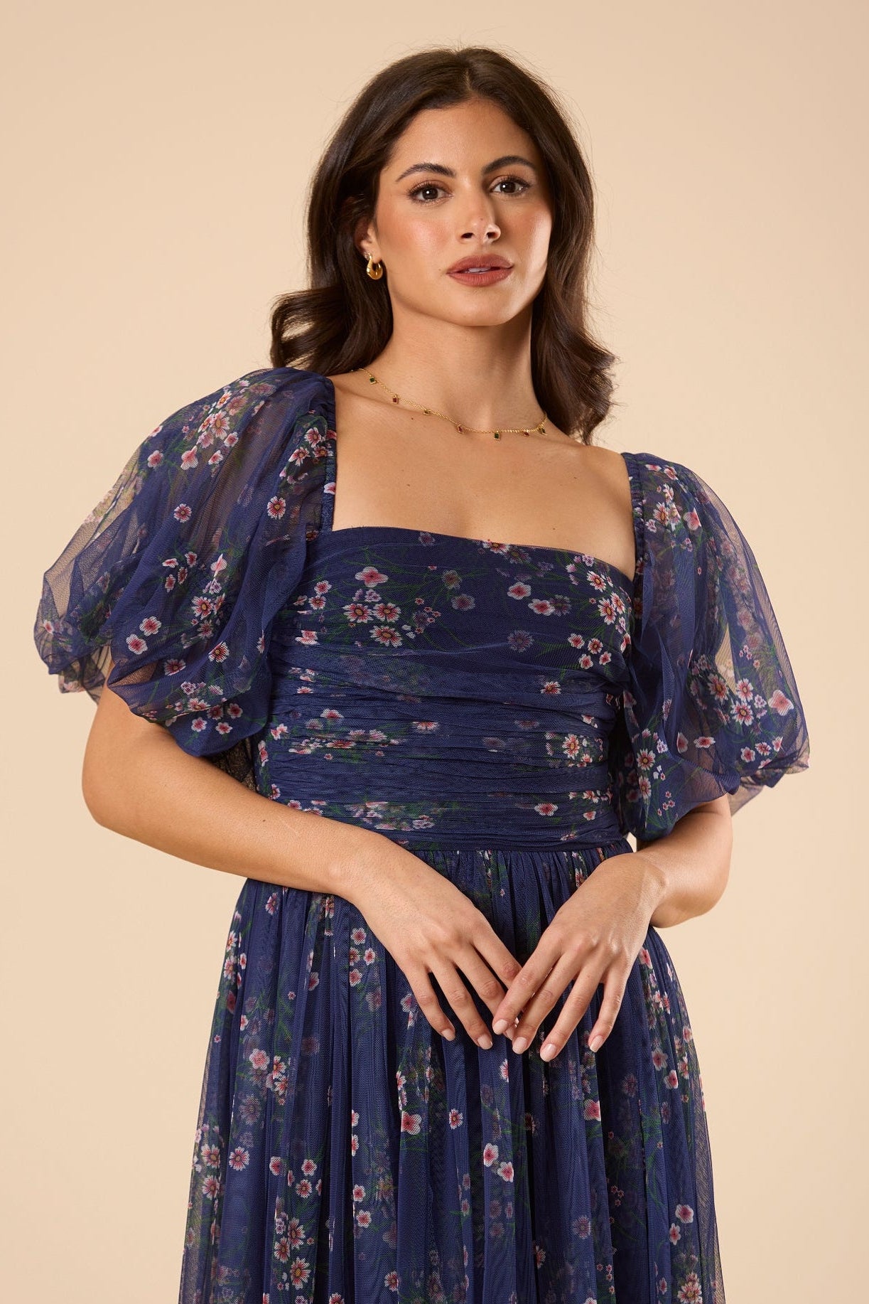 Lana Puff Sleeve Tulle Midi Dress in Navy Floral