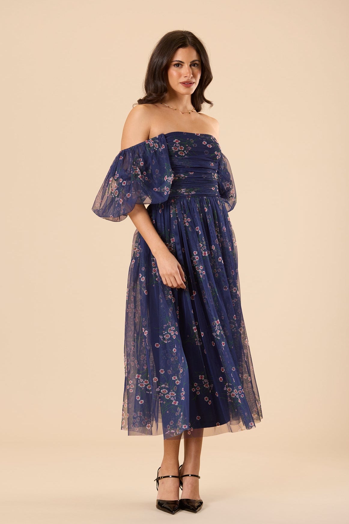 Lana Puff Sleeve Tulle Midi Dress in Navy Floral – Lace & Beads