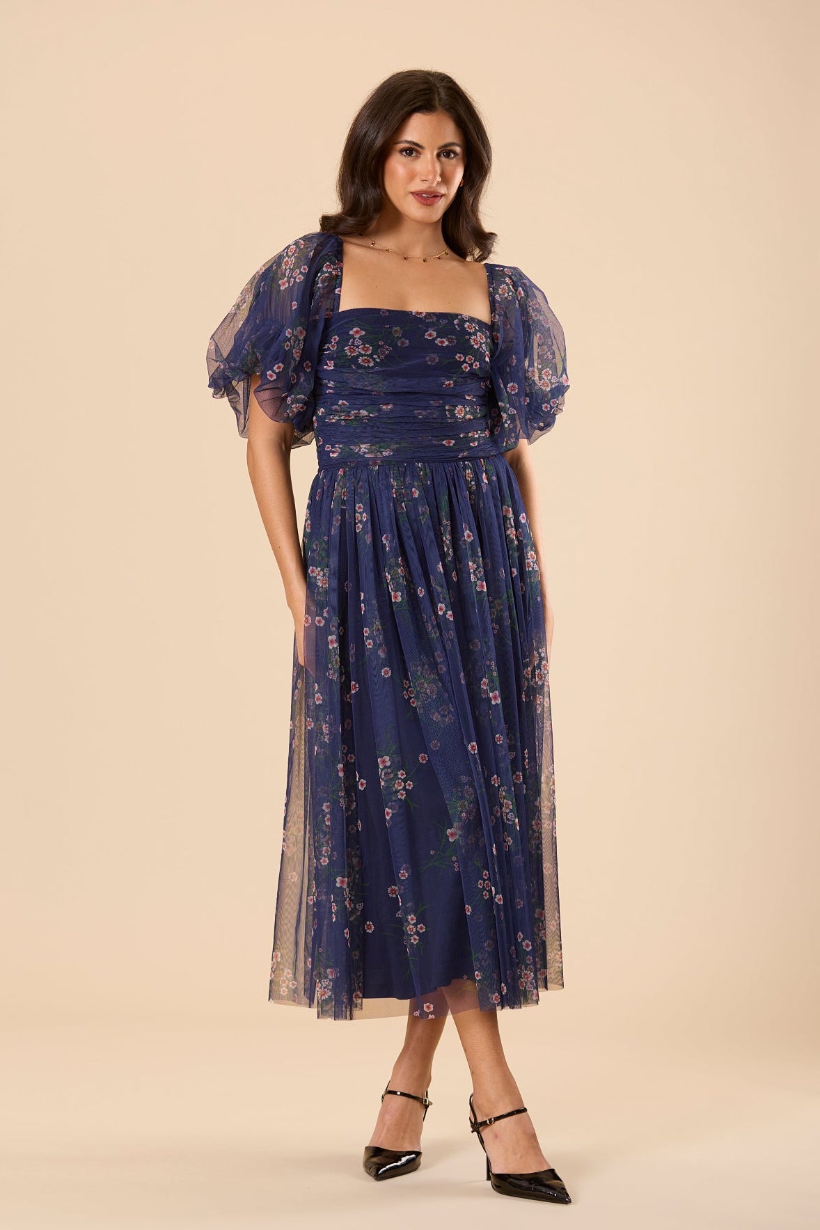Puff Sleeve Tulle Floral Navy Dark Blue Midi Mesh Dress