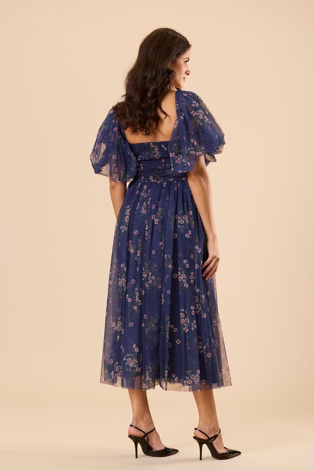 Lana Puff Sleeve Tulle Midi Dress in Navy Floral