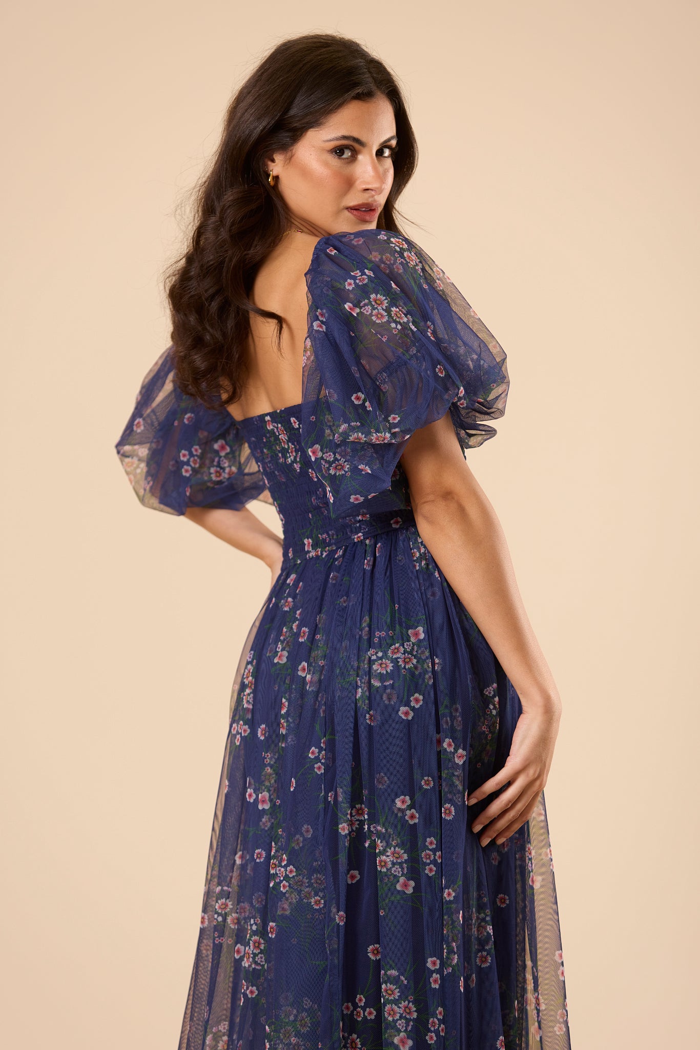Lana Puff Sleeve Tulle Midi Dress in Navy Floral