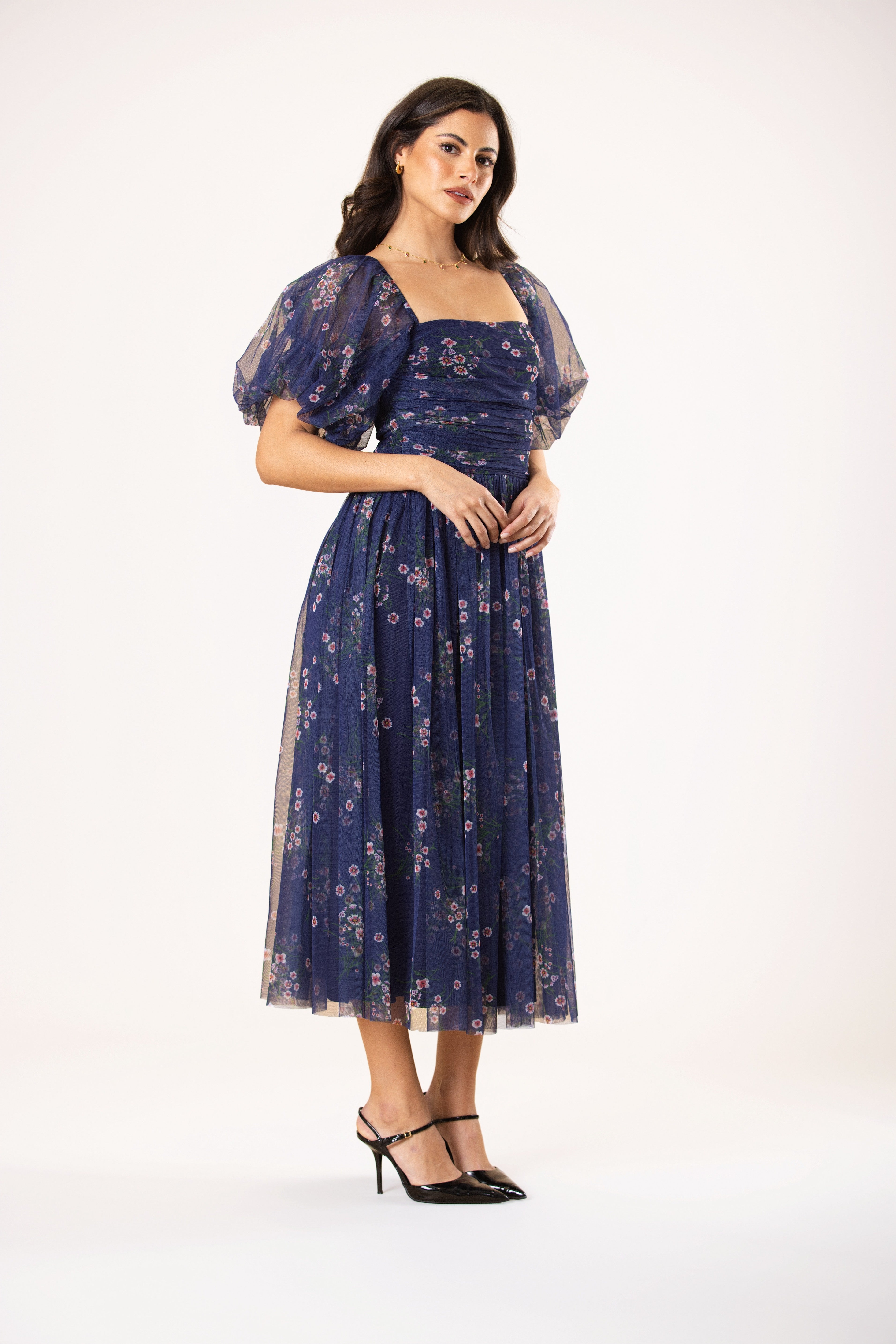 Lana Puff Sleeve Tulle Midi Dress in Navy Floral