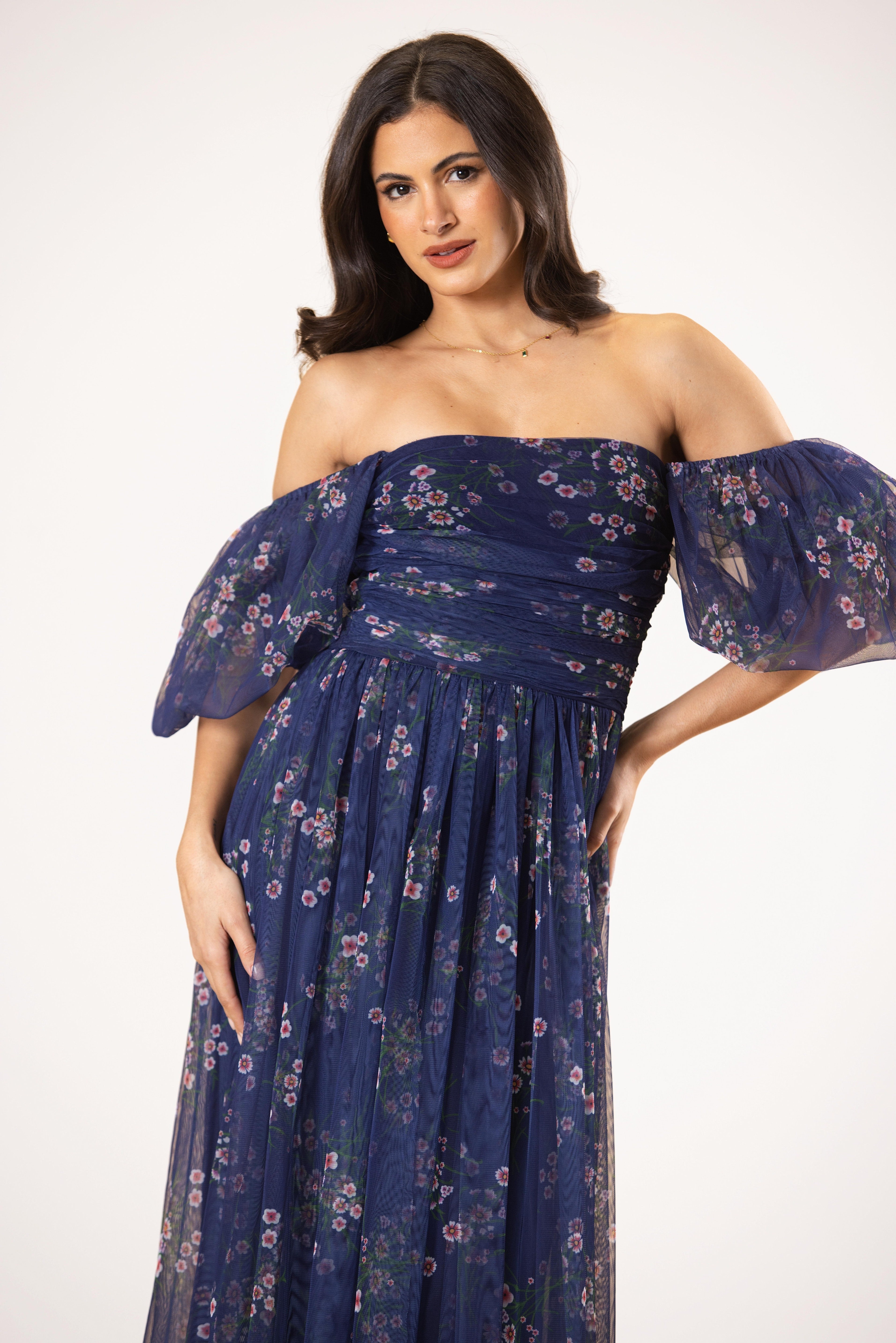 Lana Puff Sleeve Tulle Midi Dress in Navy Floral