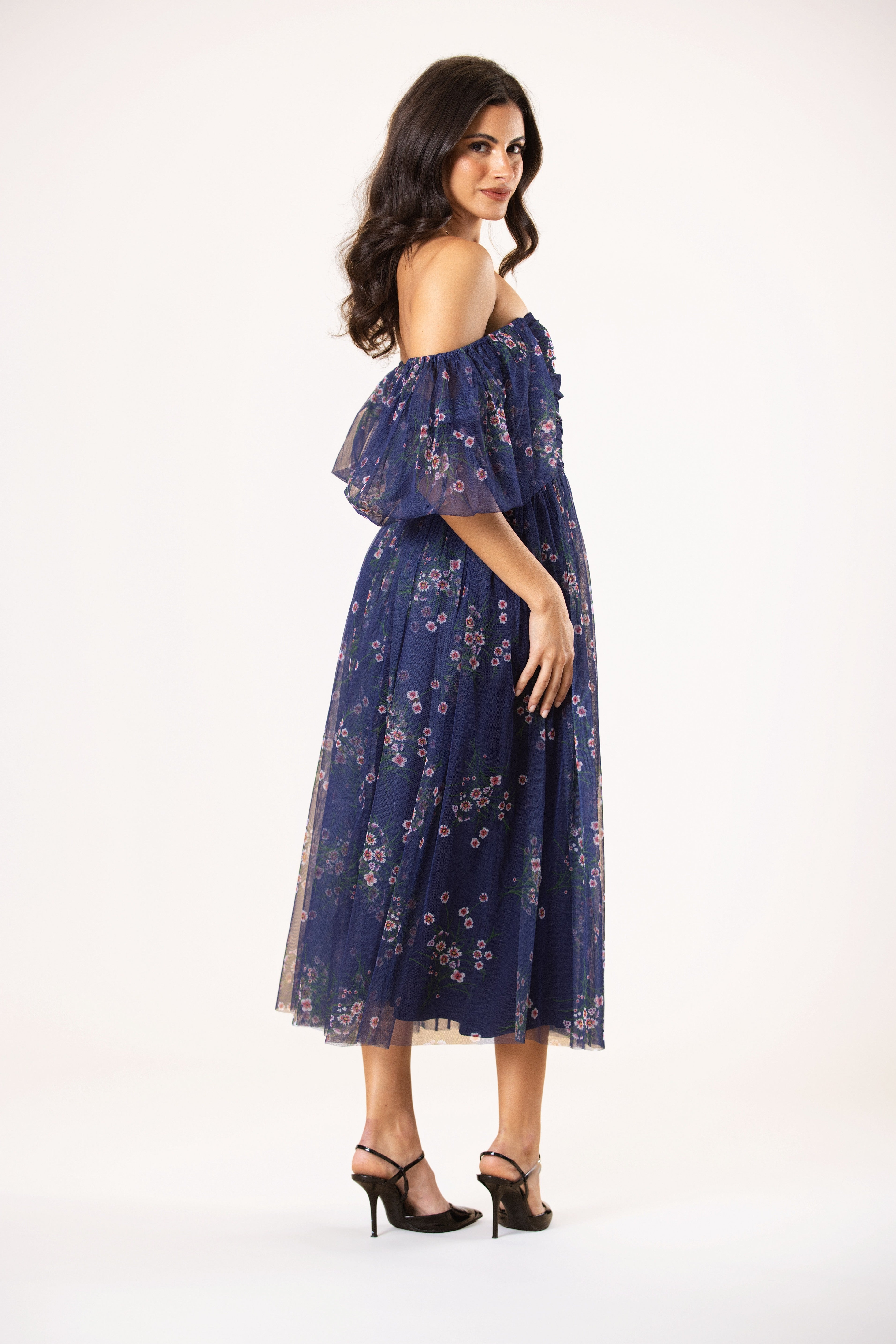 Puff Sleeve Tulle Floral Navy Dark Blue Midi Mesh Dress