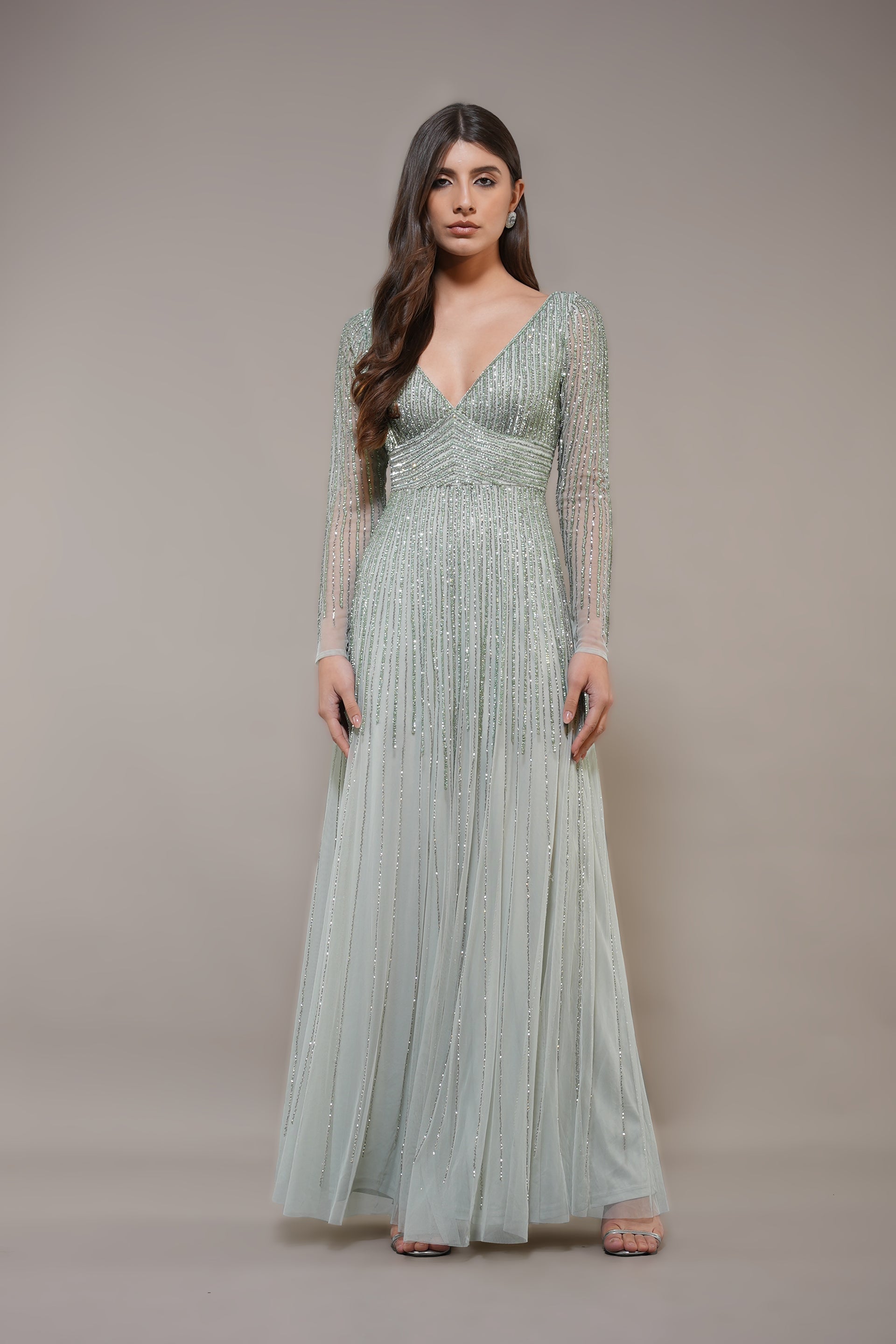 Maxi Embellished Long-sleeve occasion wedding guest dress green sage