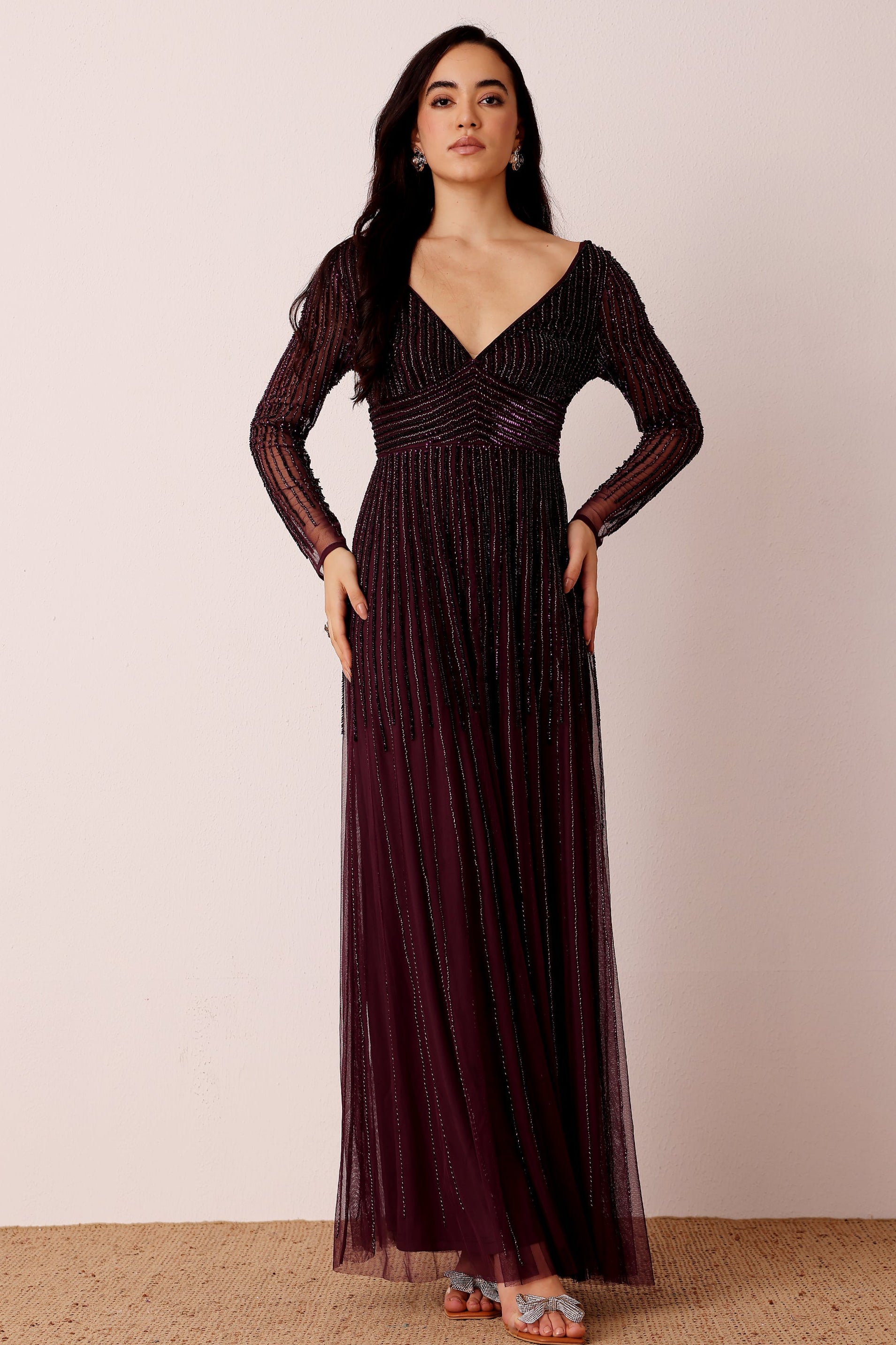 Berry purple wine plum burgundy embellished sequin long sleeve formal maxi dress