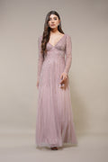 Maxi Embellished Long-sleeve occasion wedding guest dress pink mauve mink