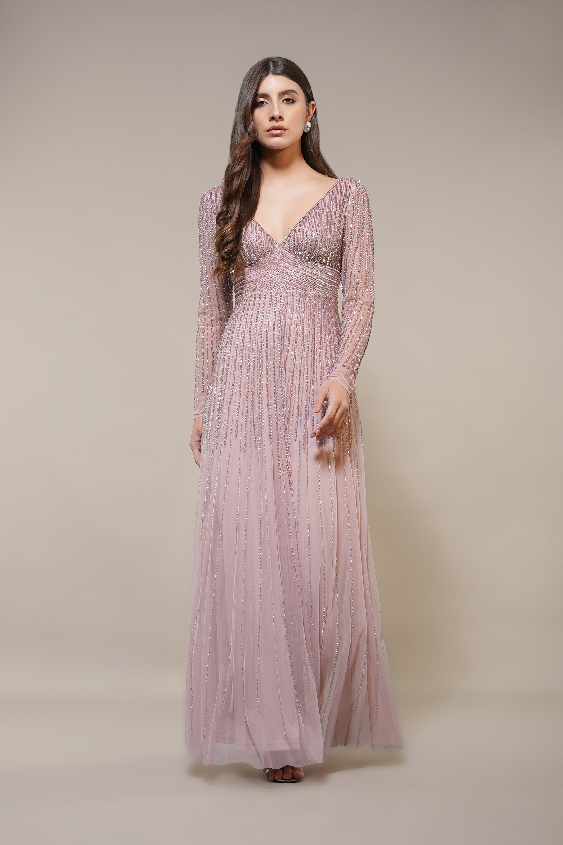 Maxi Embellished Long-sleeve occasion wedding guest dress pink mauve mink