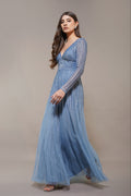 Long Sleeve Embellished Sequin Plunging V Neck Light Blue Maxi Dress