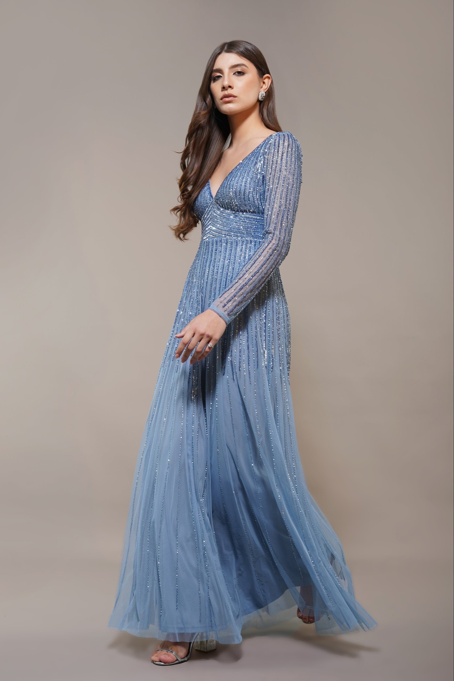 Long Sleeve Embellished Sequin Plunging V Neck Light Blue Maxi Dress