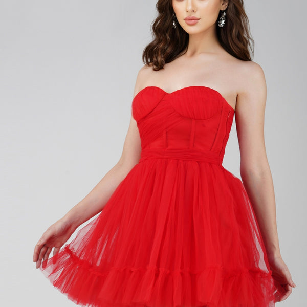 Lauren Red Tulle Mini Dress Lace Beads