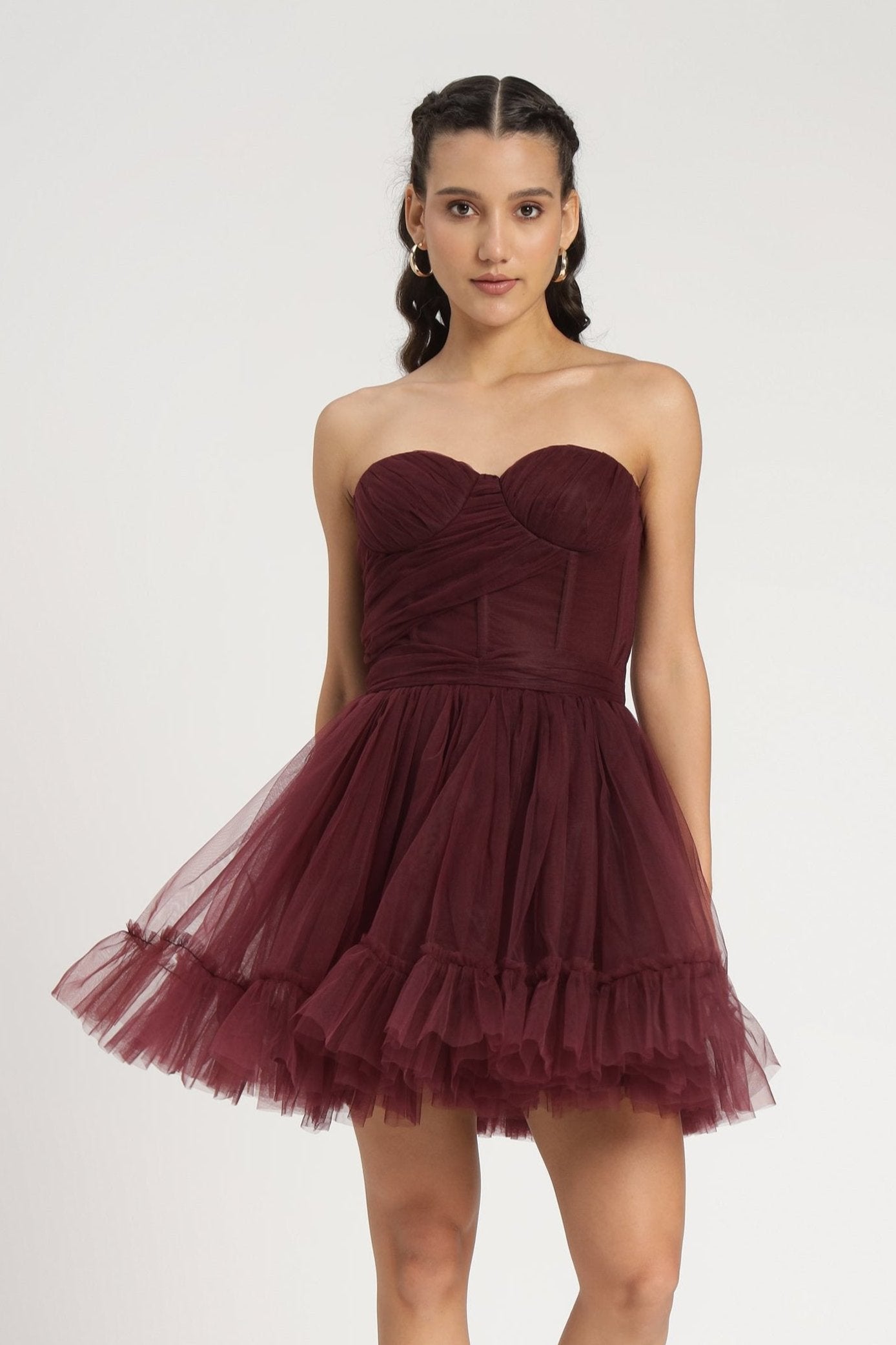 Strapless purple corset mini dress a-line