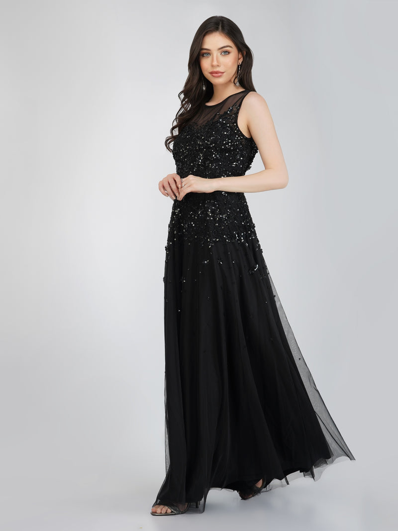 Lilith Floral Embellished Maxi Dress in Black