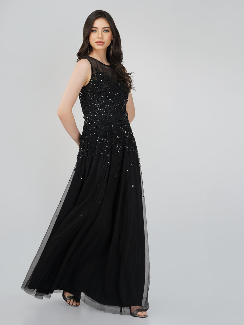 Lilith Floral Embellished Maxi Dress in Black